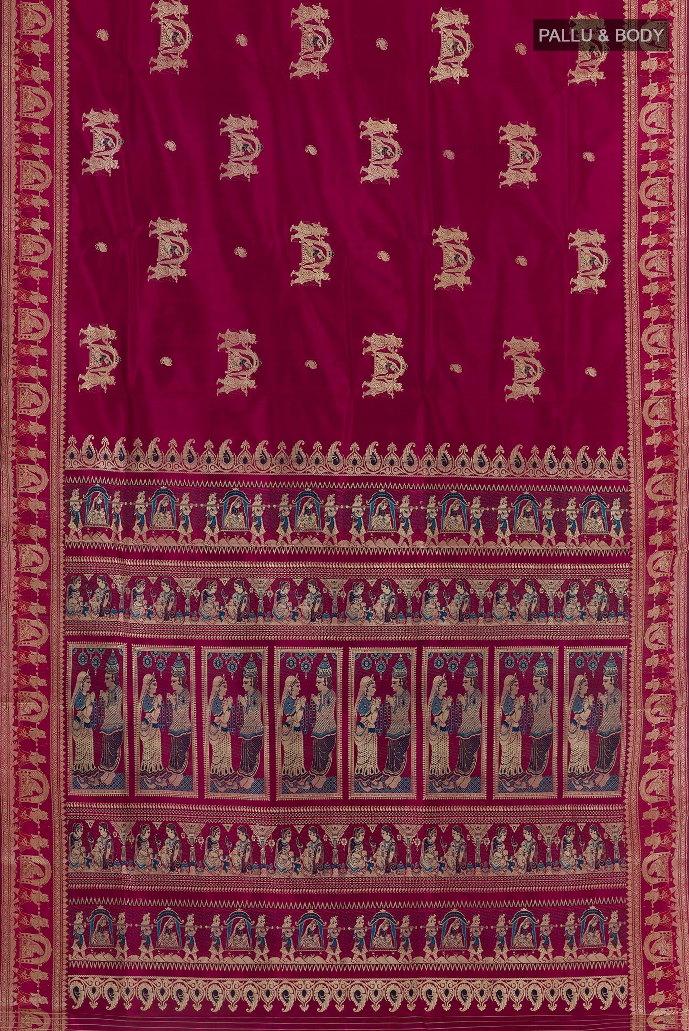Flat view of Purple Baluchari Silk Saree with Zari Butta on the body and Zari Border. 