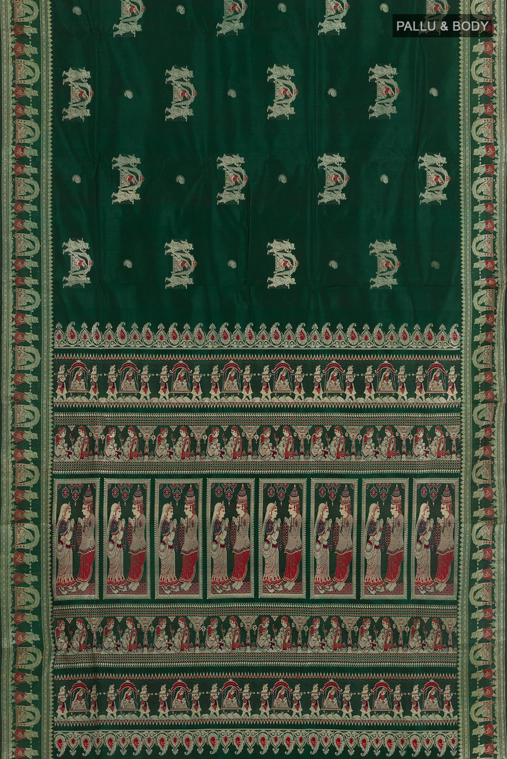 Flat view of Green Baluchari Silk Saree with Zari Butta on the body and Zari Border. 