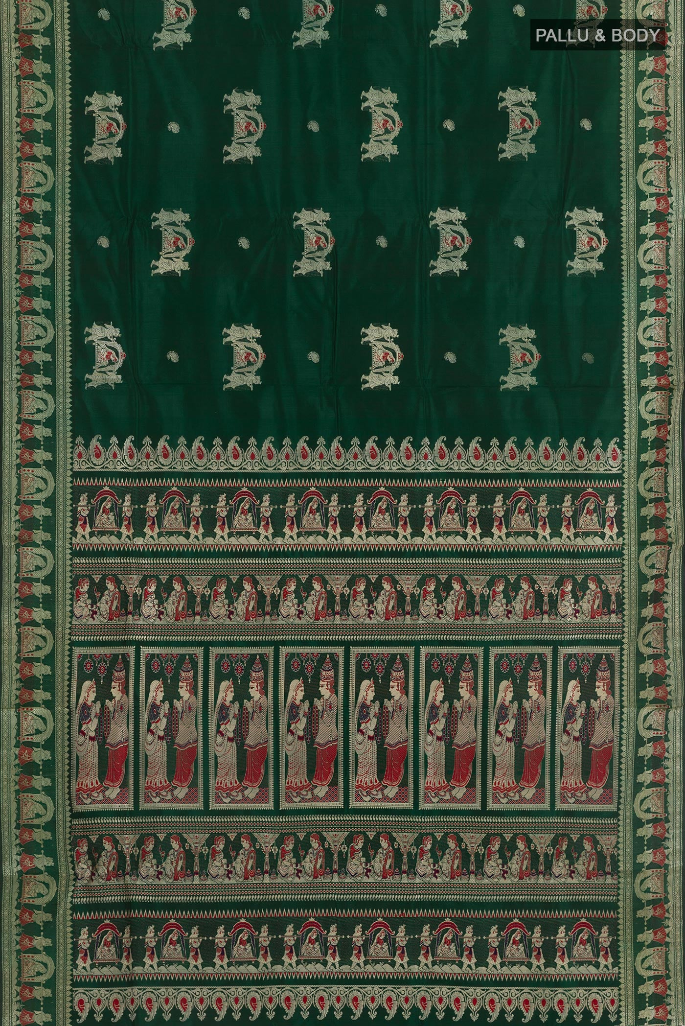 Flat view of Green Baluchari Silk Saree with Zari Butta on the body and Zari Border. 