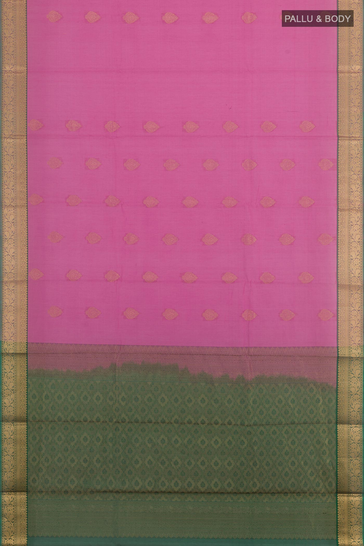 Flat view of Pink Blended Kora Cotton Saree with Zari Butta on the body and Zari Border. 
