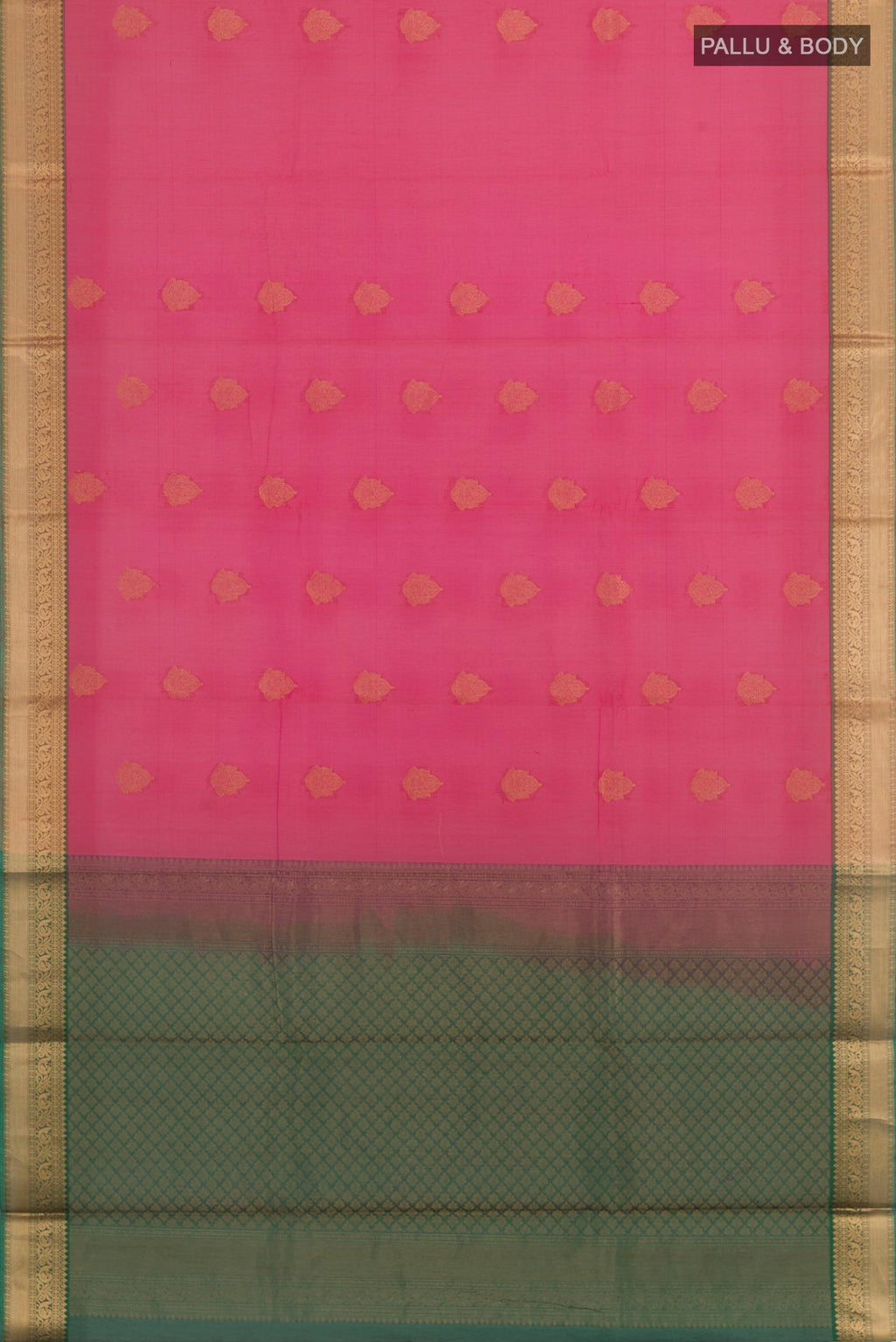 Flat view of Pink Blended Kora Cotton Saree with Zari Butta on the body and Zari Border. 