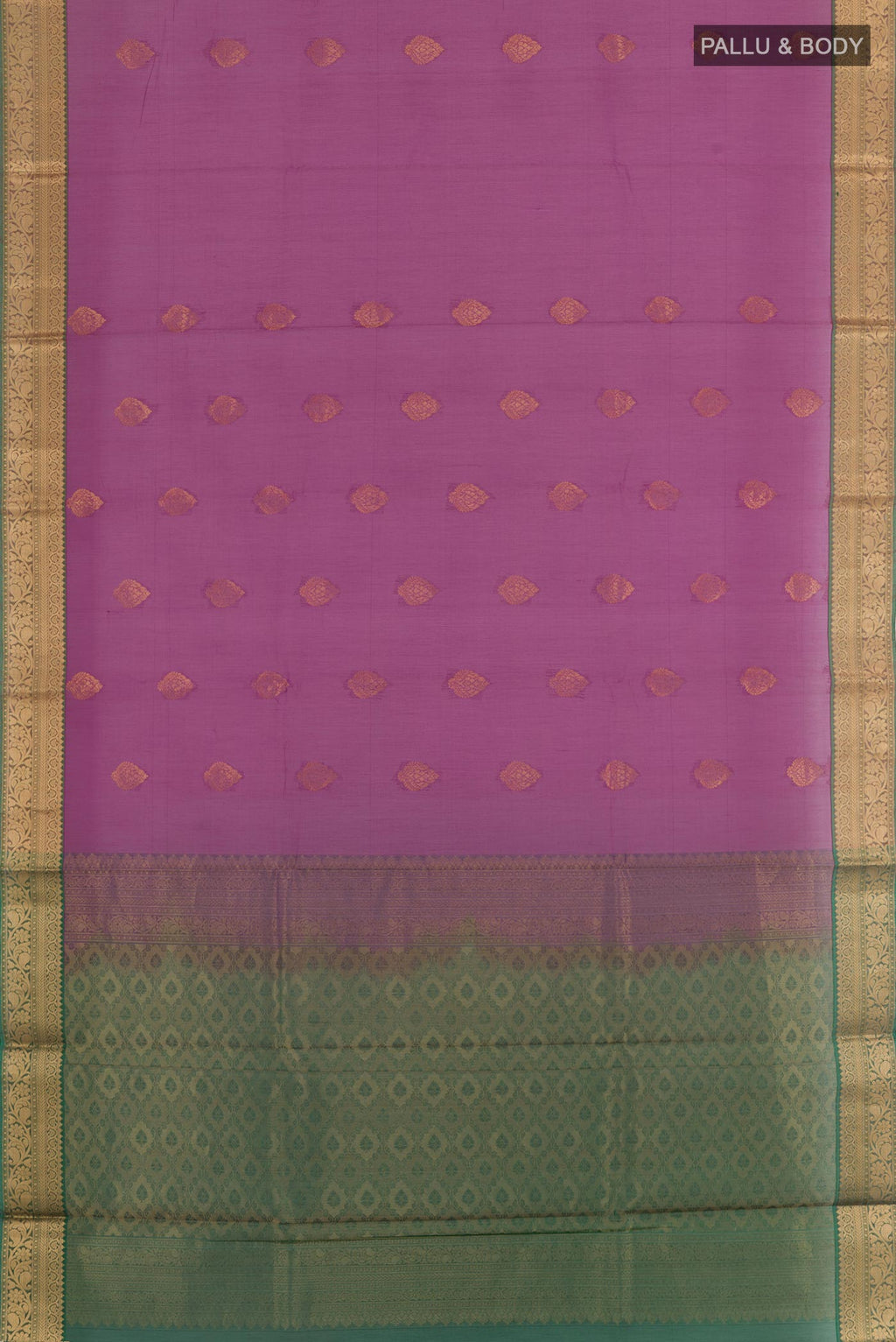Flat view of Purple Silk Cotton Saree with Zari Butta on the body and Zari Border. 