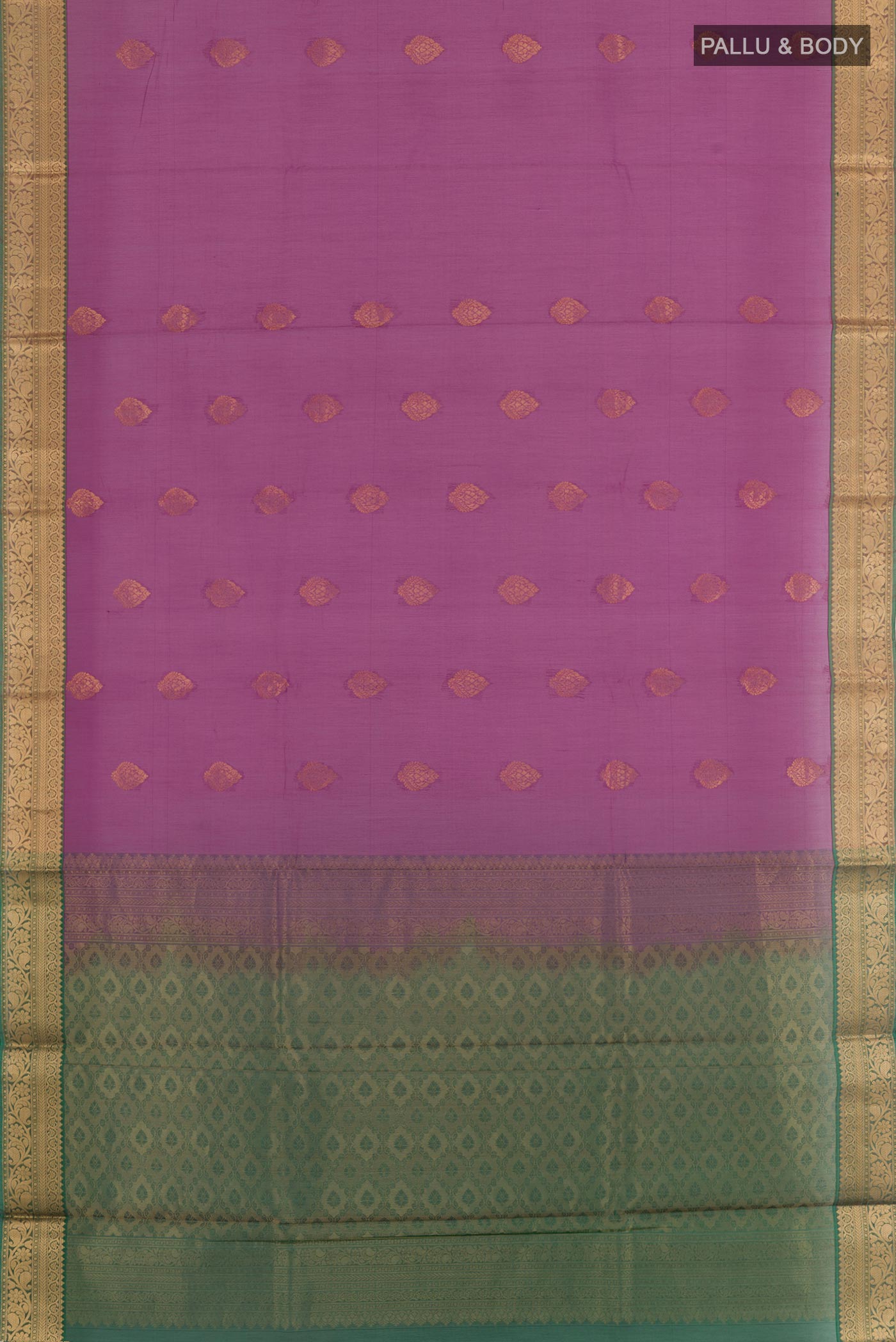 Flat view of Purple Silk Cotton Saree with Zari Butta on the body and Zari Border. 