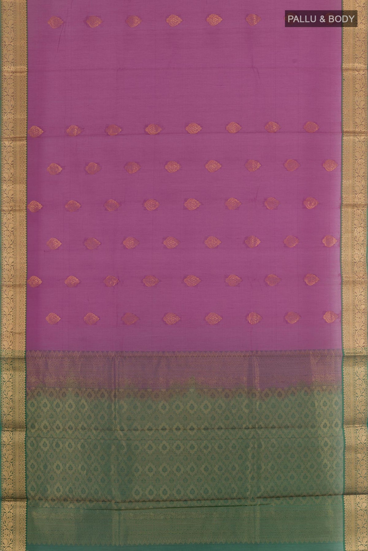 Flat view of Purple Silk Cotton Saree with Zari Butta on the body and Zari Border. 