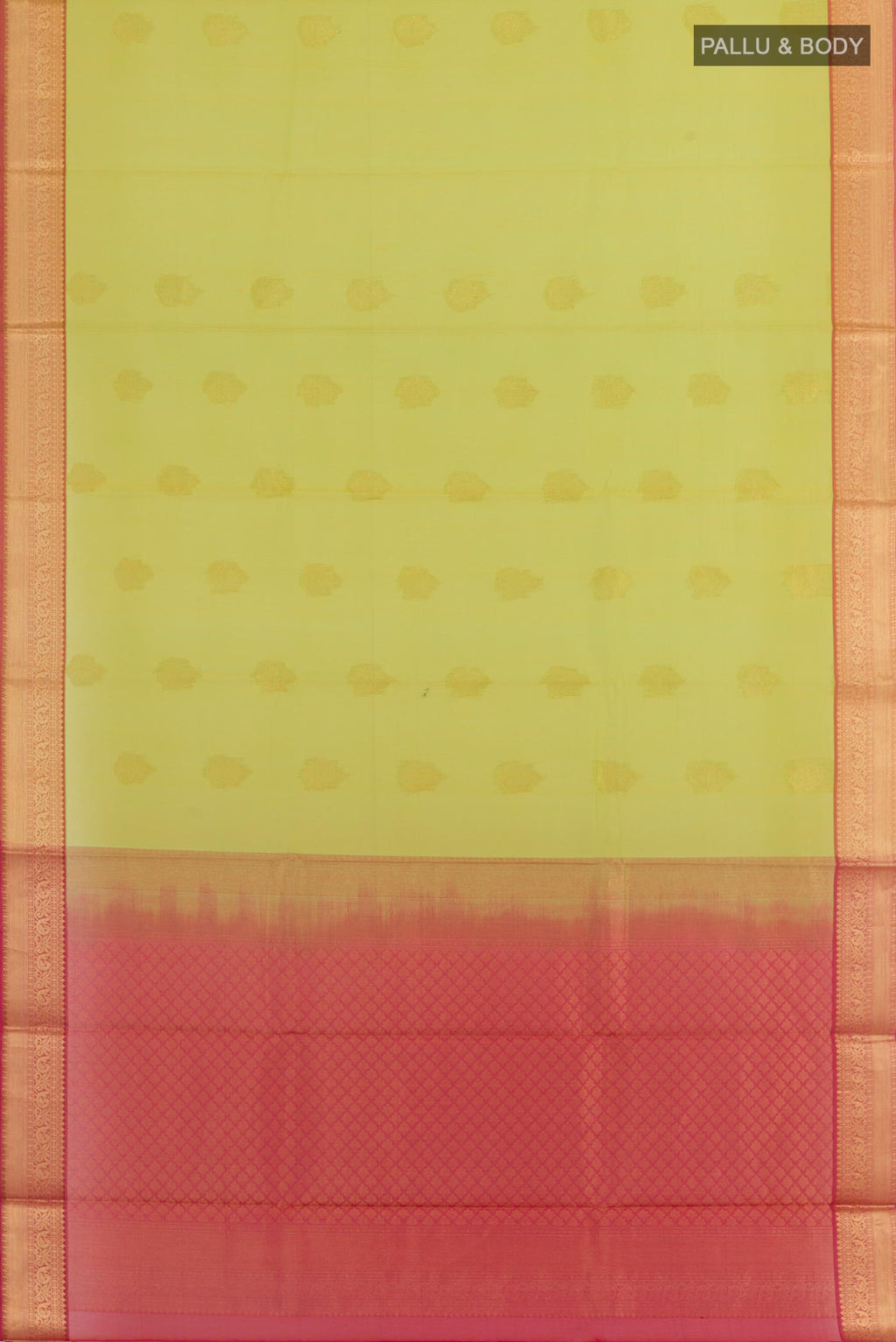 Flat view of Light Green Silk Cotton Saree with Zari Butta on the body and Zari Border. 