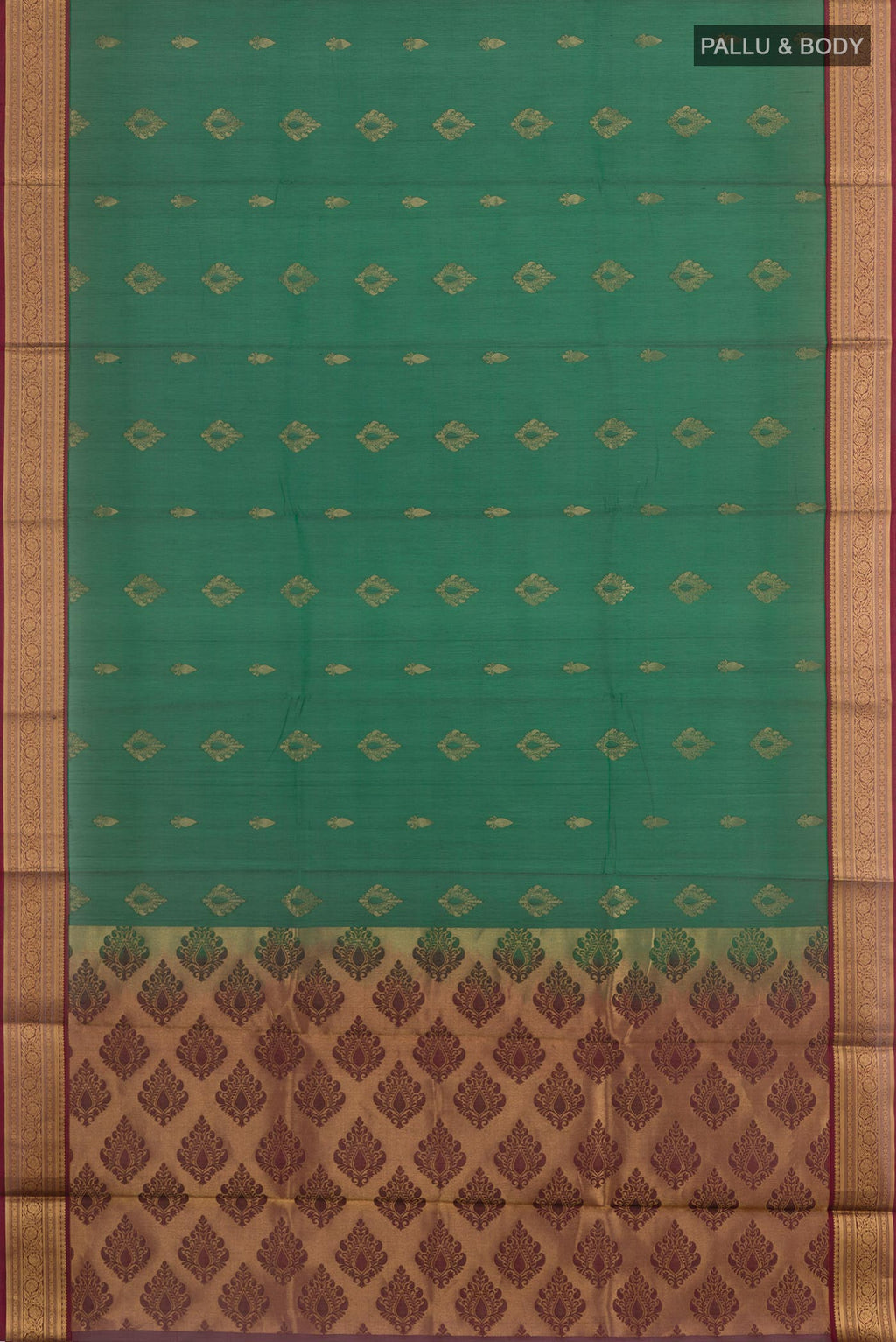 Flat view of Green Blended Kora Cotton Saree with Zari Butta on the body and Zari Border. 