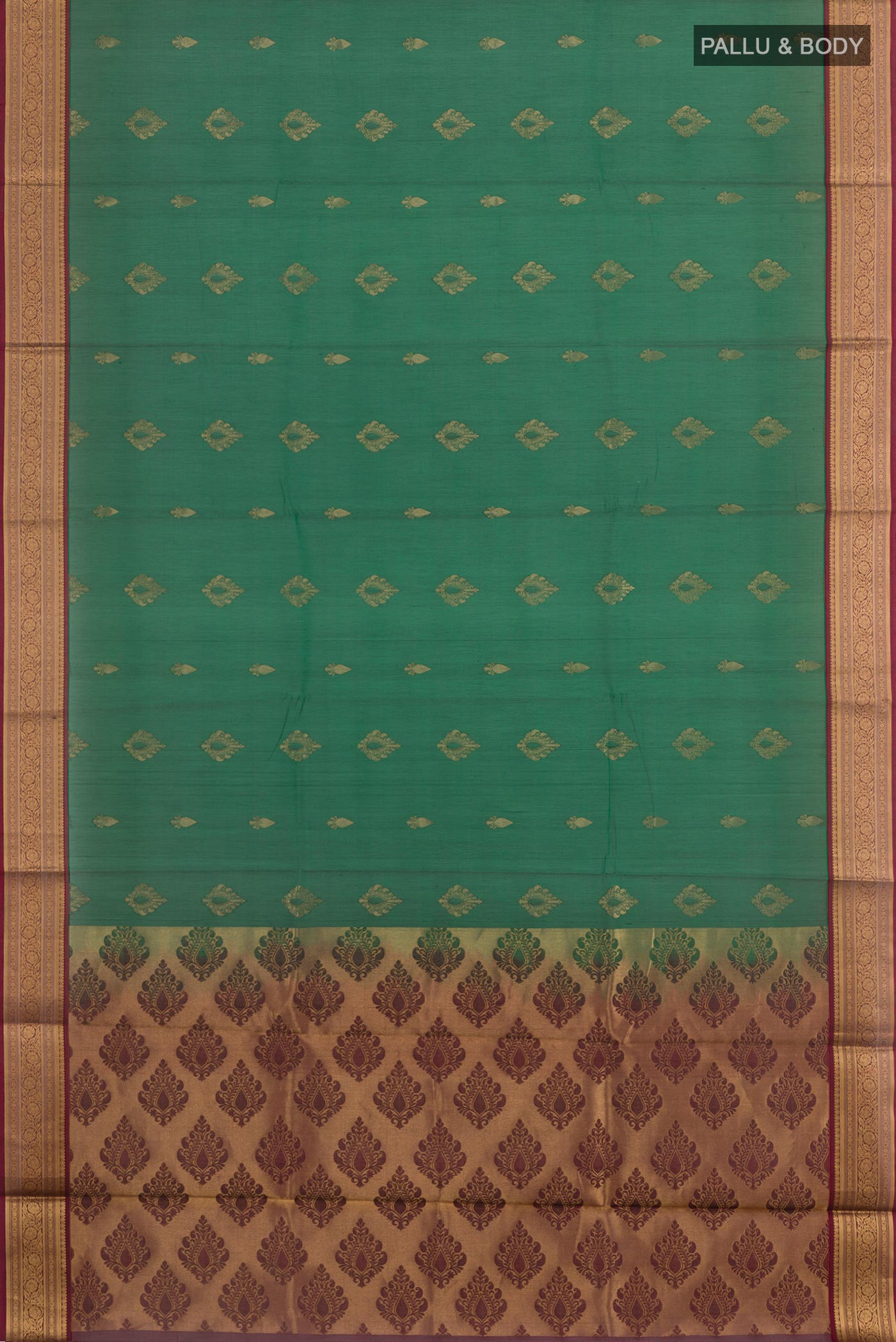 Flat view of Green Blended Kora Cotton Saree with Zari Butta on the body and Zari Border. 