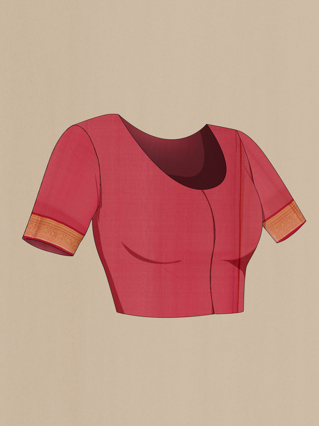 Close up image of the blouse of Orange Blended Kora Cotton Saree with Zari Butta on the body and Zari Border. 