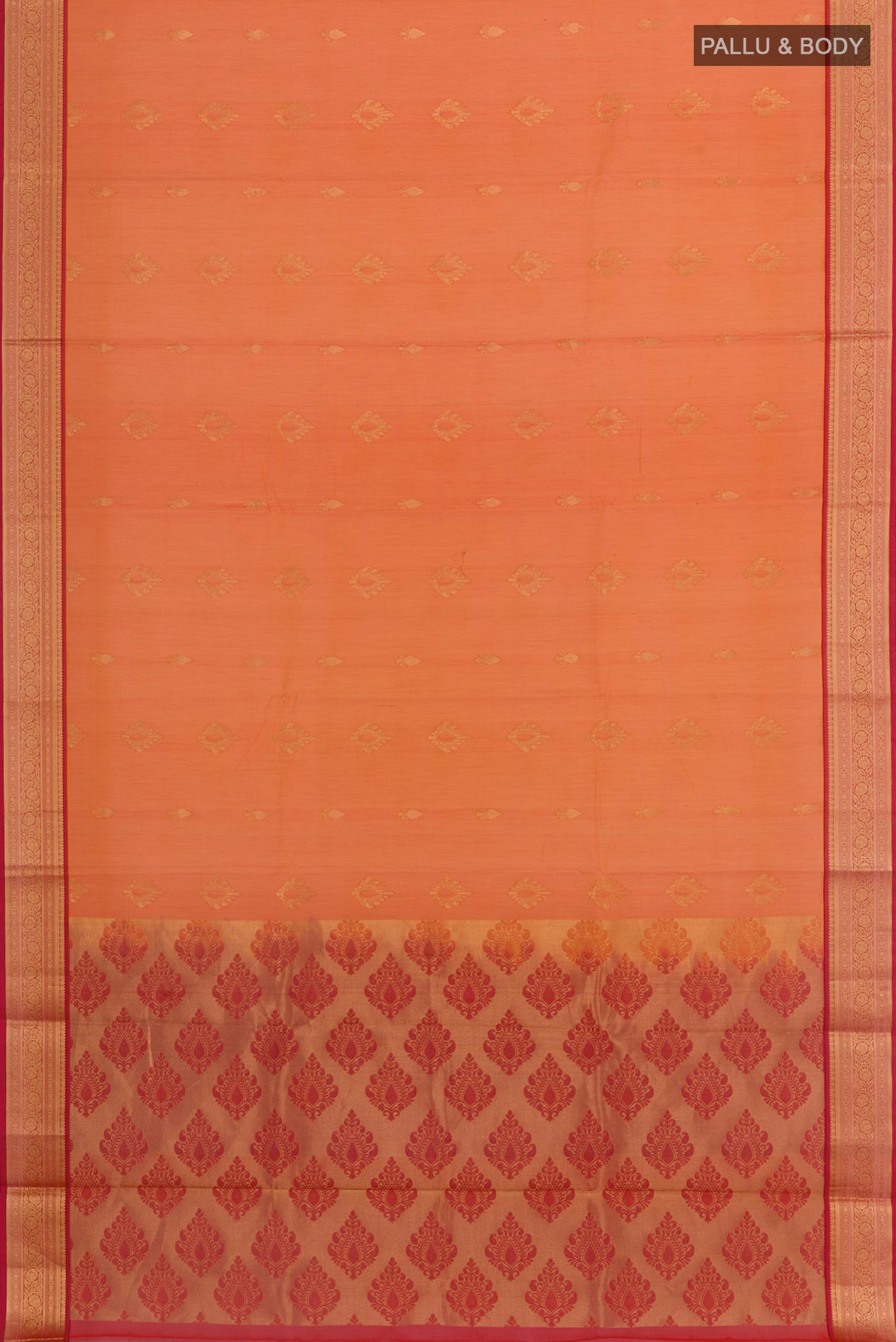 Flat view of Orange Blended Kora Cotton Saree with Zari Butta on the body and Zari Border. 