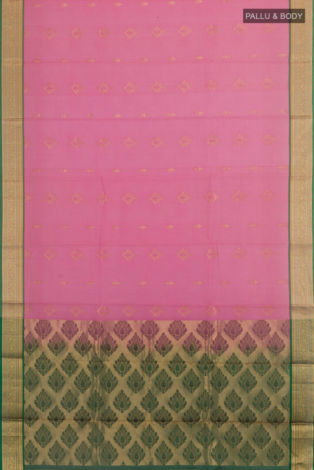 Flat view of Pink Blended Kora Cotton Saree with Zari Butta on the body and Zari Border. 