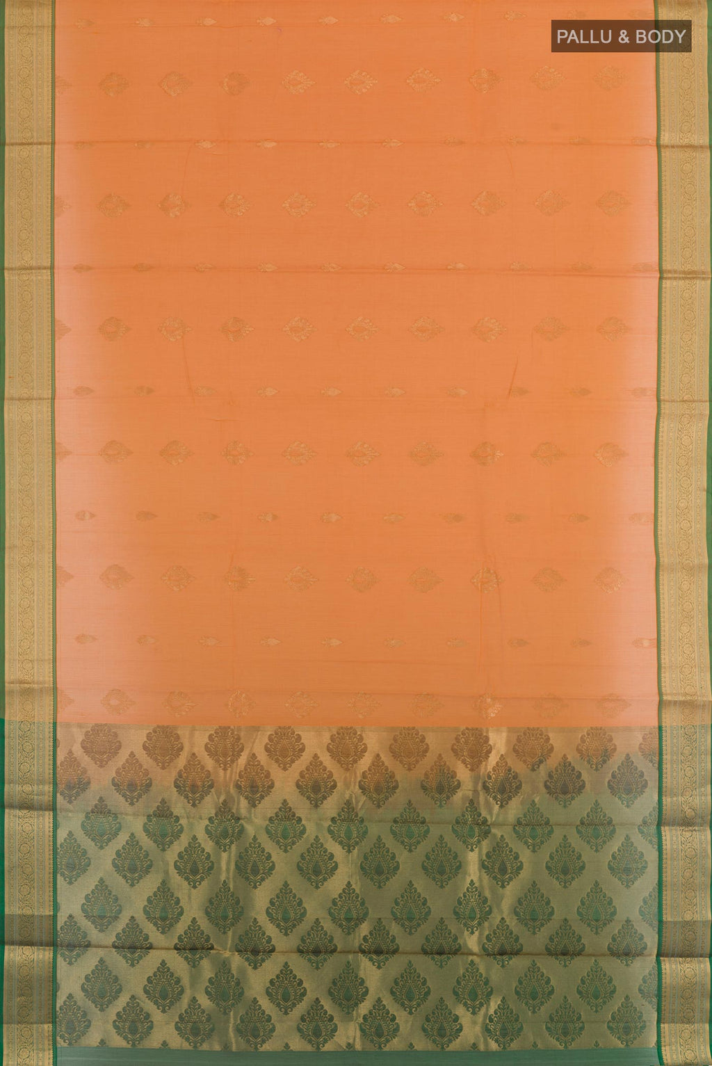 Flat view of Mustard Silk Cotton Saree with Zari Butta on the body and Zari Border. 