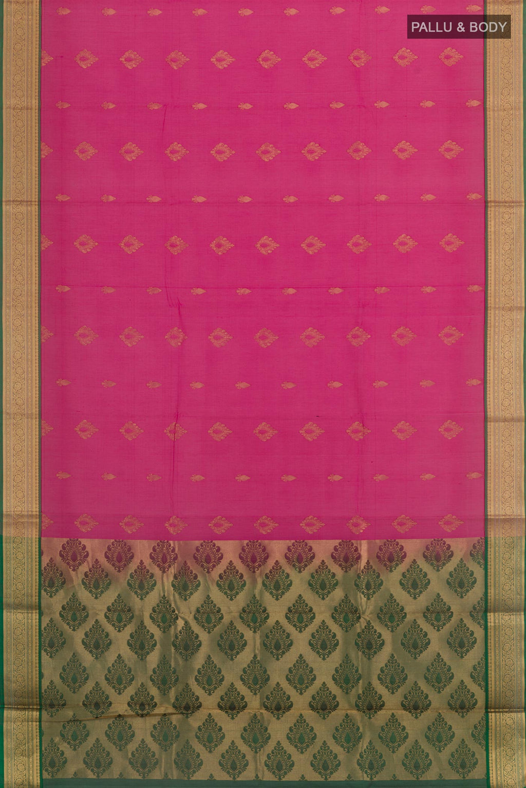 Flat view of Pink Blended Kora Cotton Saree with Zari Butta on the body and Zari Border. 