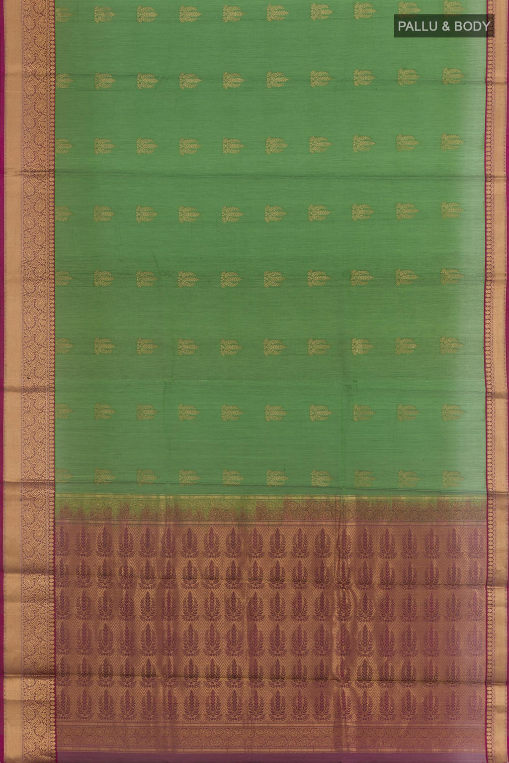 Flat view of Green Blended Kora Cotton Saree with Zari Butta on the body and Zari Border. 