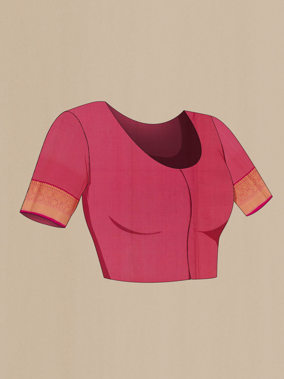 Close up image of the blouse of Beige Blended Kora Cotton Saree with Zari Butta on the body and Zari Border. 