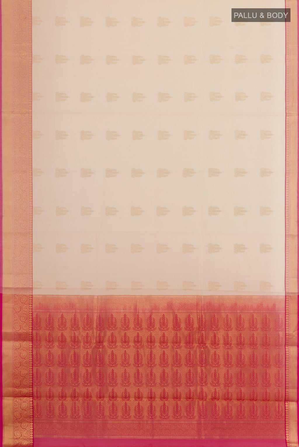Flat view of Beige Blended Kora Cotton Saree with Zari Butta on the body and Zari Border. 