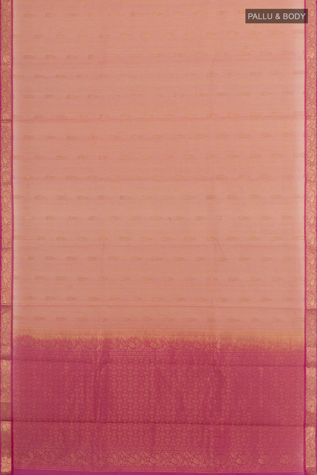 Flat view of Peach Blended Kora Cotton Saree with Zari Butta on the body and Zari Border. 