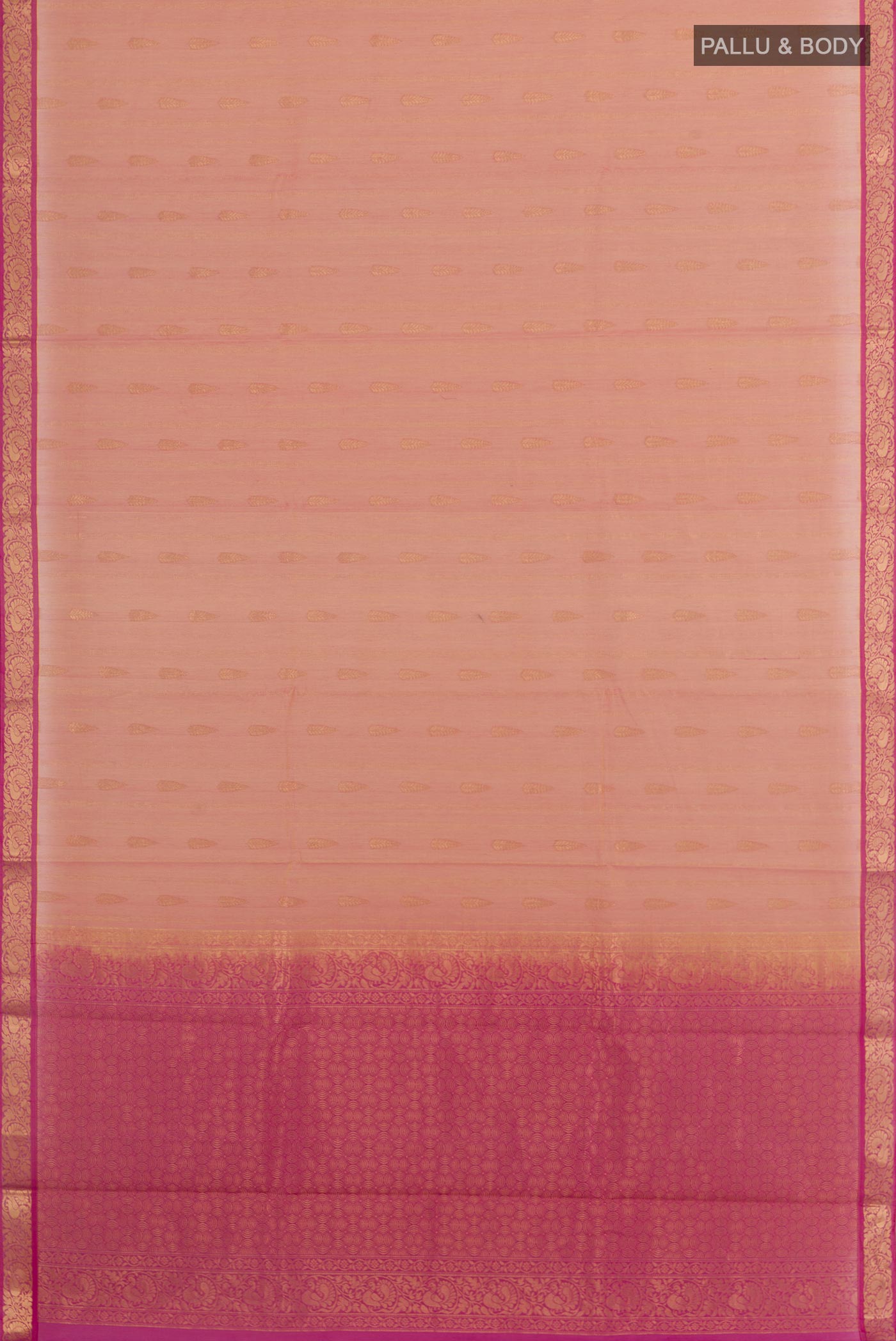 Flat view of Peach Blended Kora Cotton Saree with Zari Butta on the body and Zari Border. 