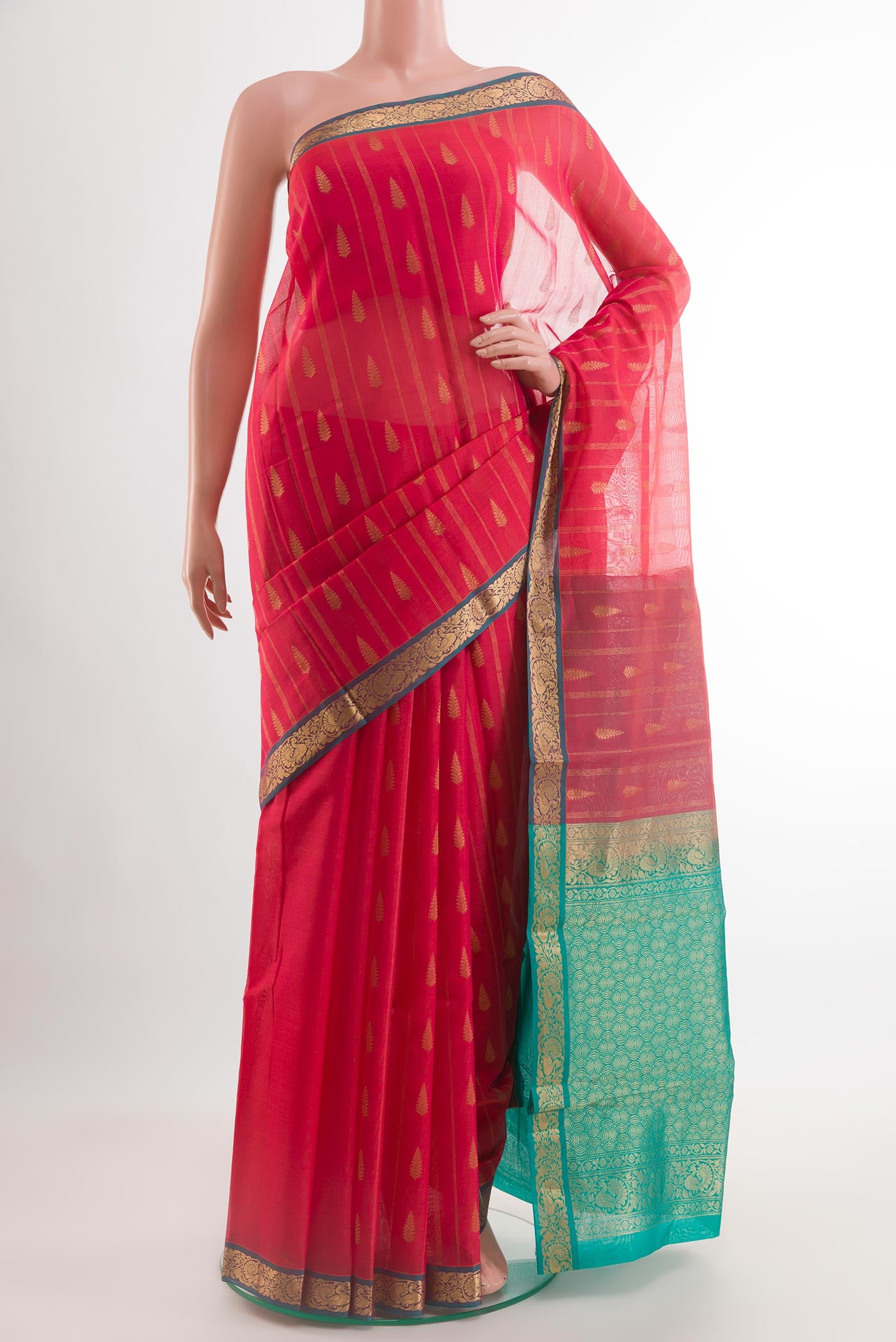 Pink Blended Kora Cotton Saree with Zari Butta on the body and Zari Border.  displayed on a mannequin
