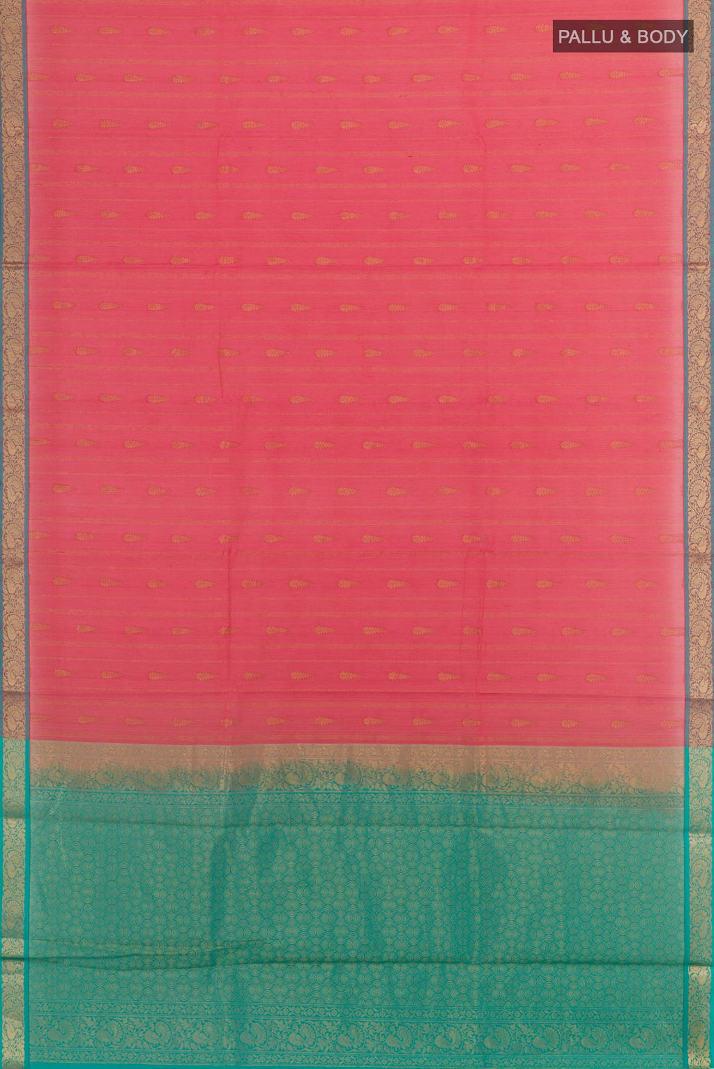 Flat view of Pink Blended Kora Cotton Saree with Zari Butta on the body and Zari Border. 