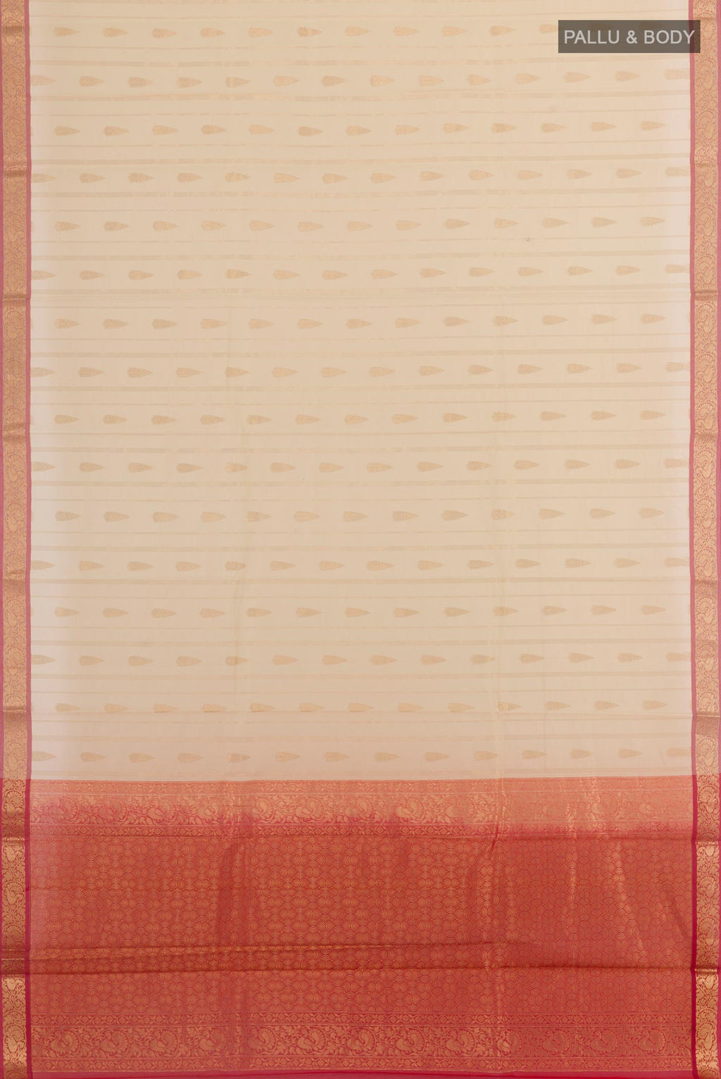 Flat view of Beige Blended Kora Cotton Saree with Zari Butta on the body and Zari Border. 