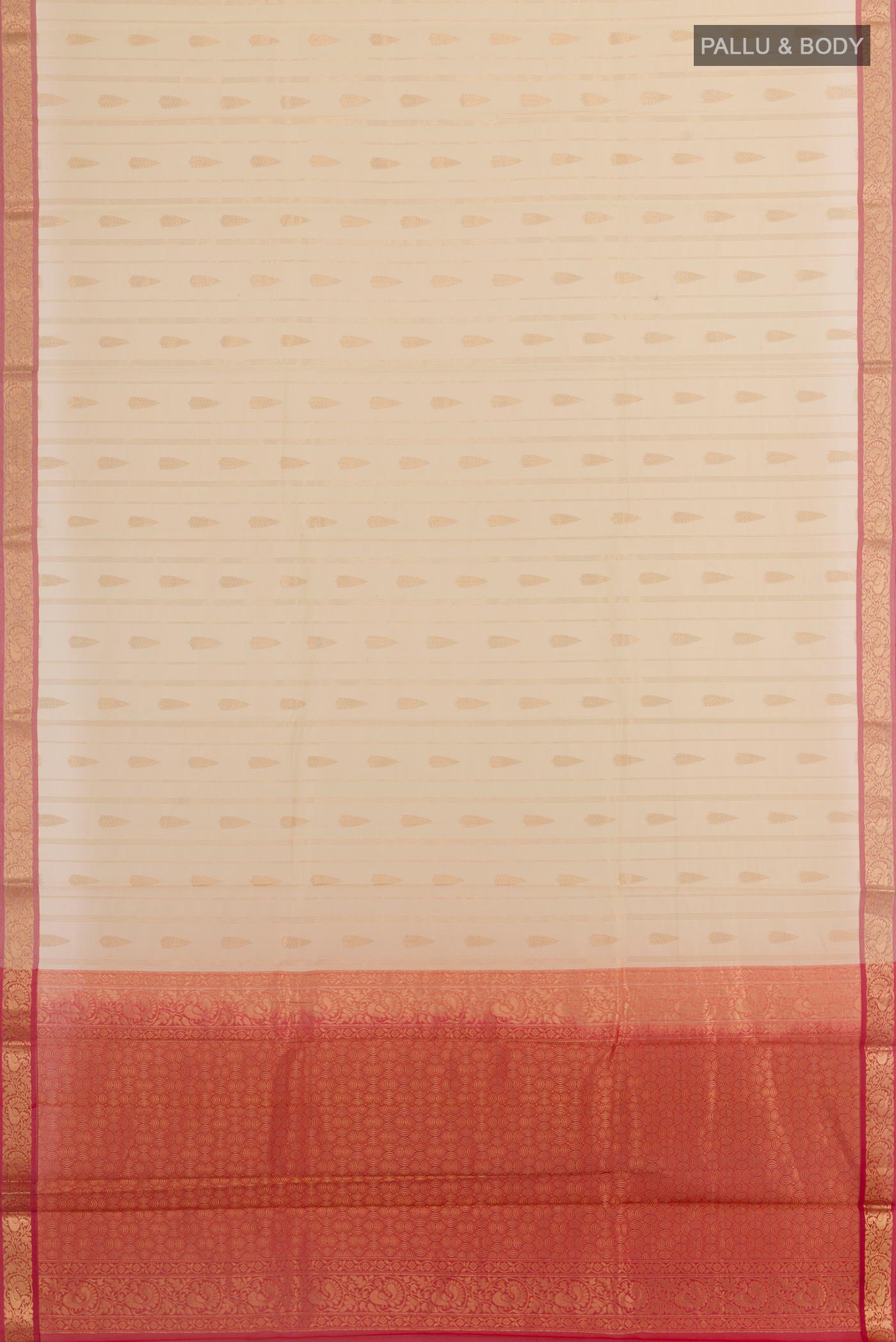 Flat view of Beige Blended Kora Cotton Saree with Zari Butta on the body and Zari Border. 