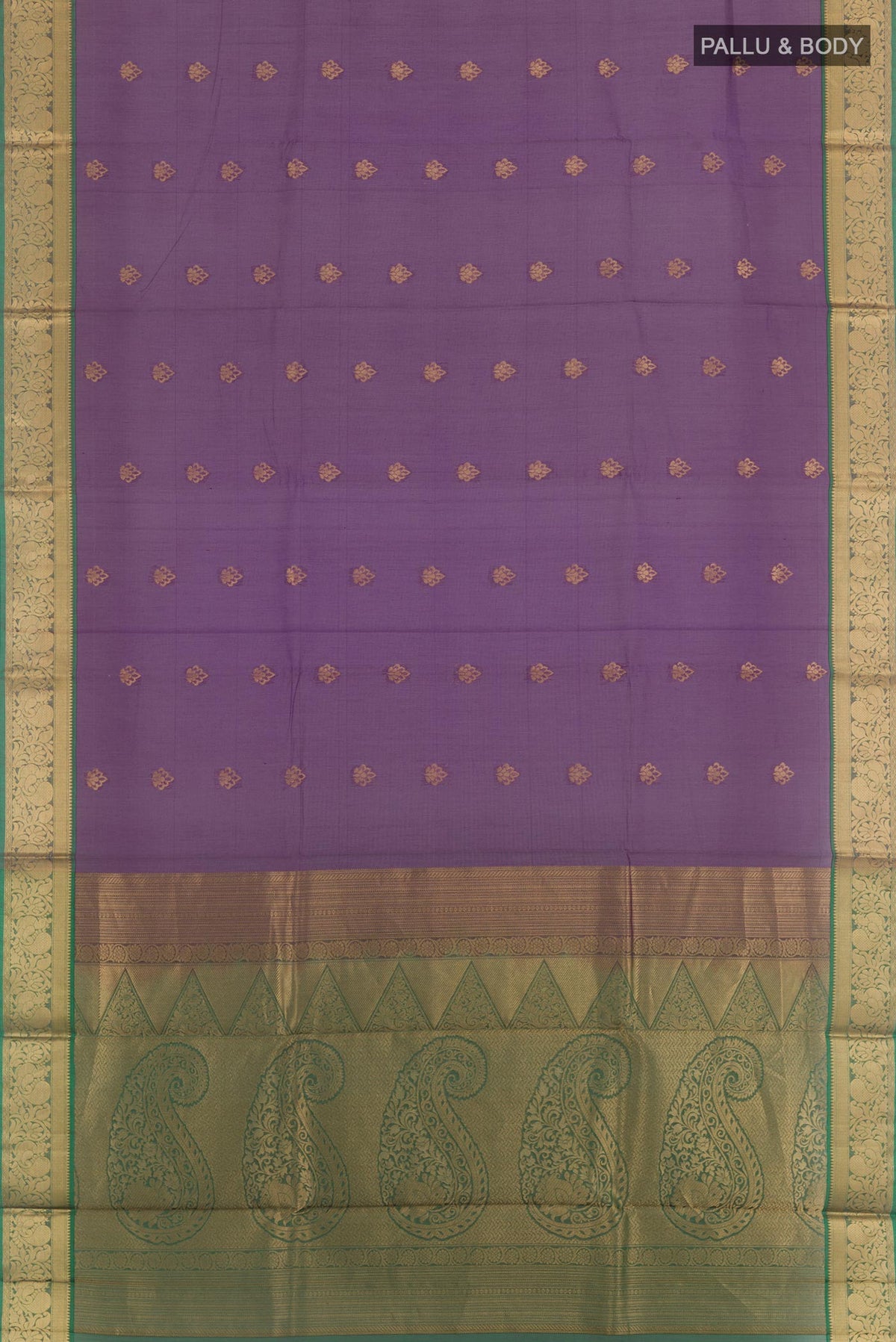 Flat view of Violet Silk Cotton Saree with Zari Butta on the body and Zari Border. 