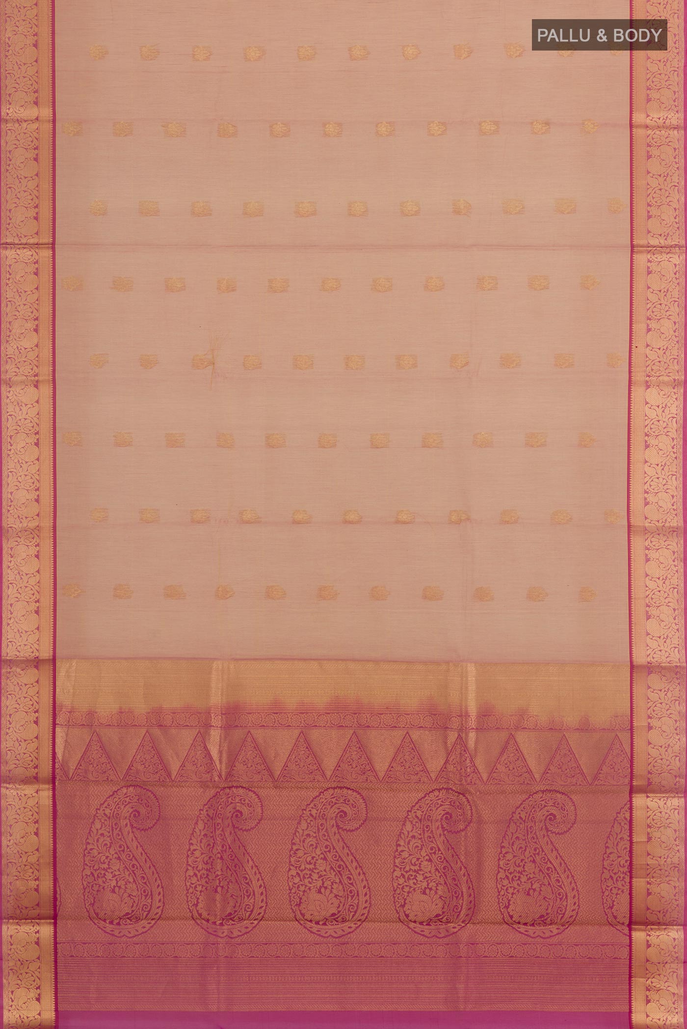Flat view of Peach Blended Kora Cotton Saree with Zari Butta on the body and Zari Border. 