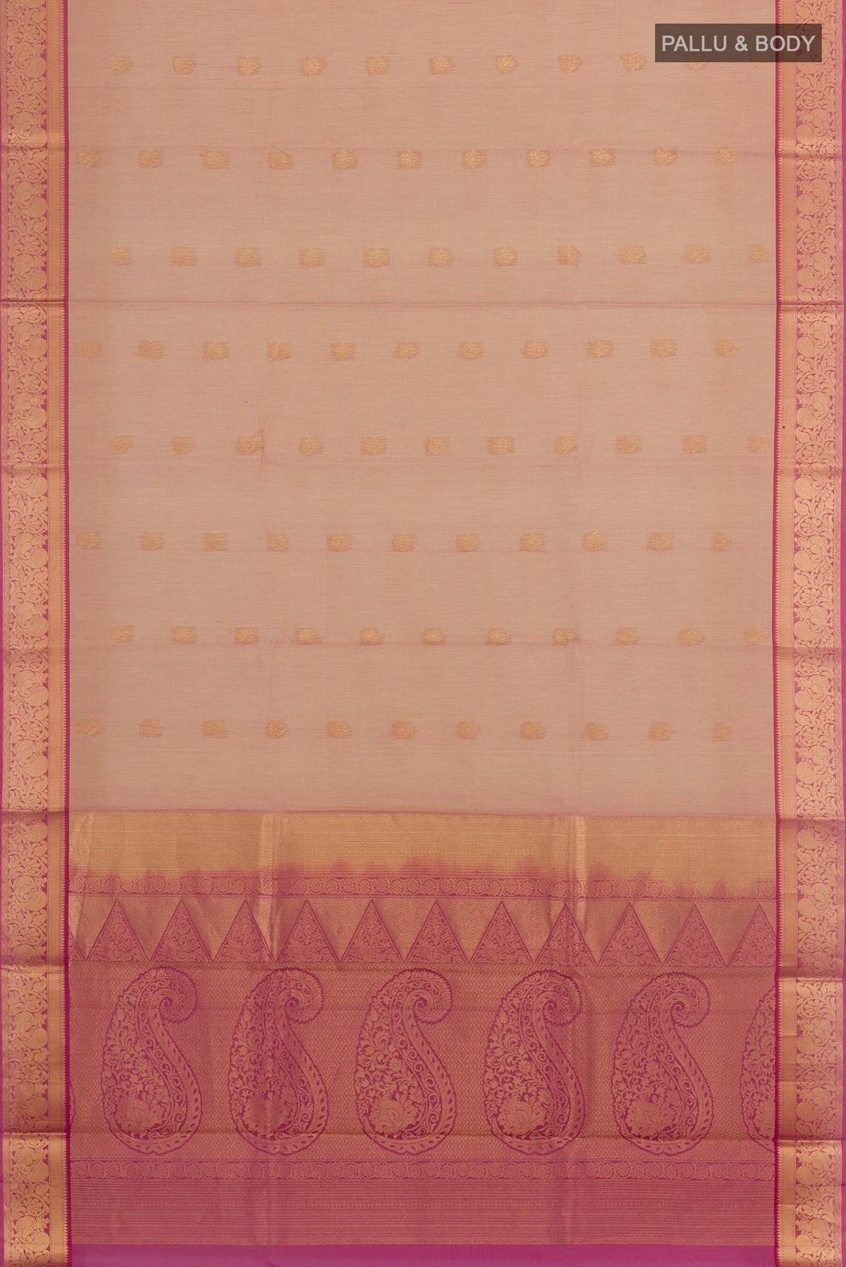Flat view of Peach Blended Kora Cotton Saree with Zari Butta on the body and Zari Border. 