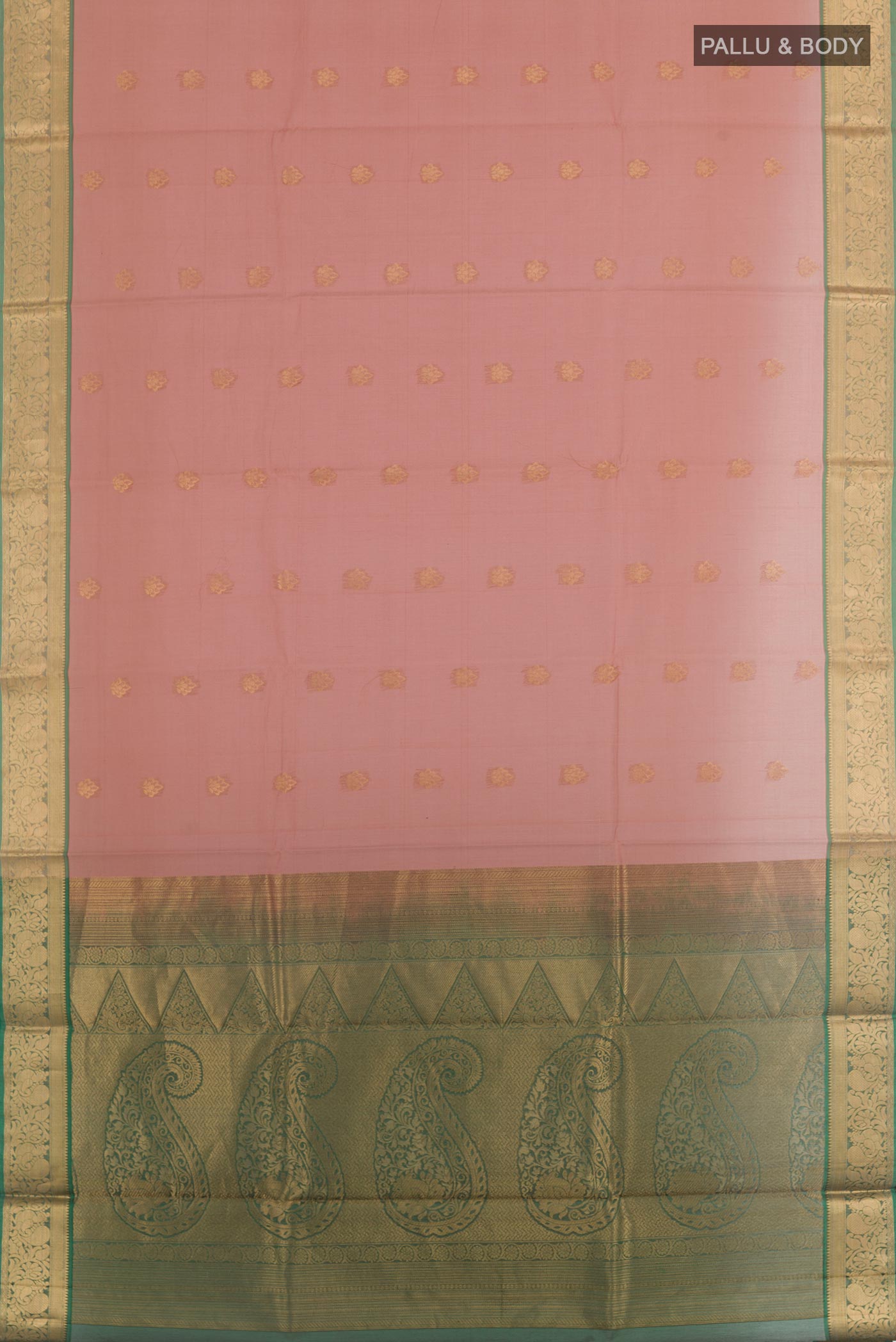 Flat view of Peach Silk Cotton Saree with Zari Butta on the body and Zari Border. 