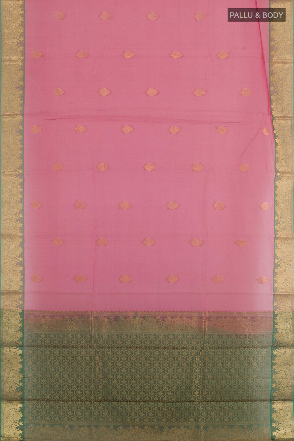 Flat view of Pink Silk Cotton Saree with Zari Butta on the body and Zari Border. 