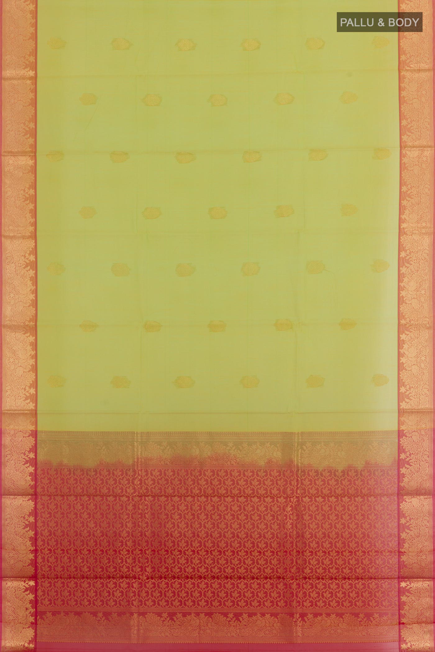 Flat view of Parrot Green Silk Cotton Saree with Zari Butta on the body and Zari Border. 