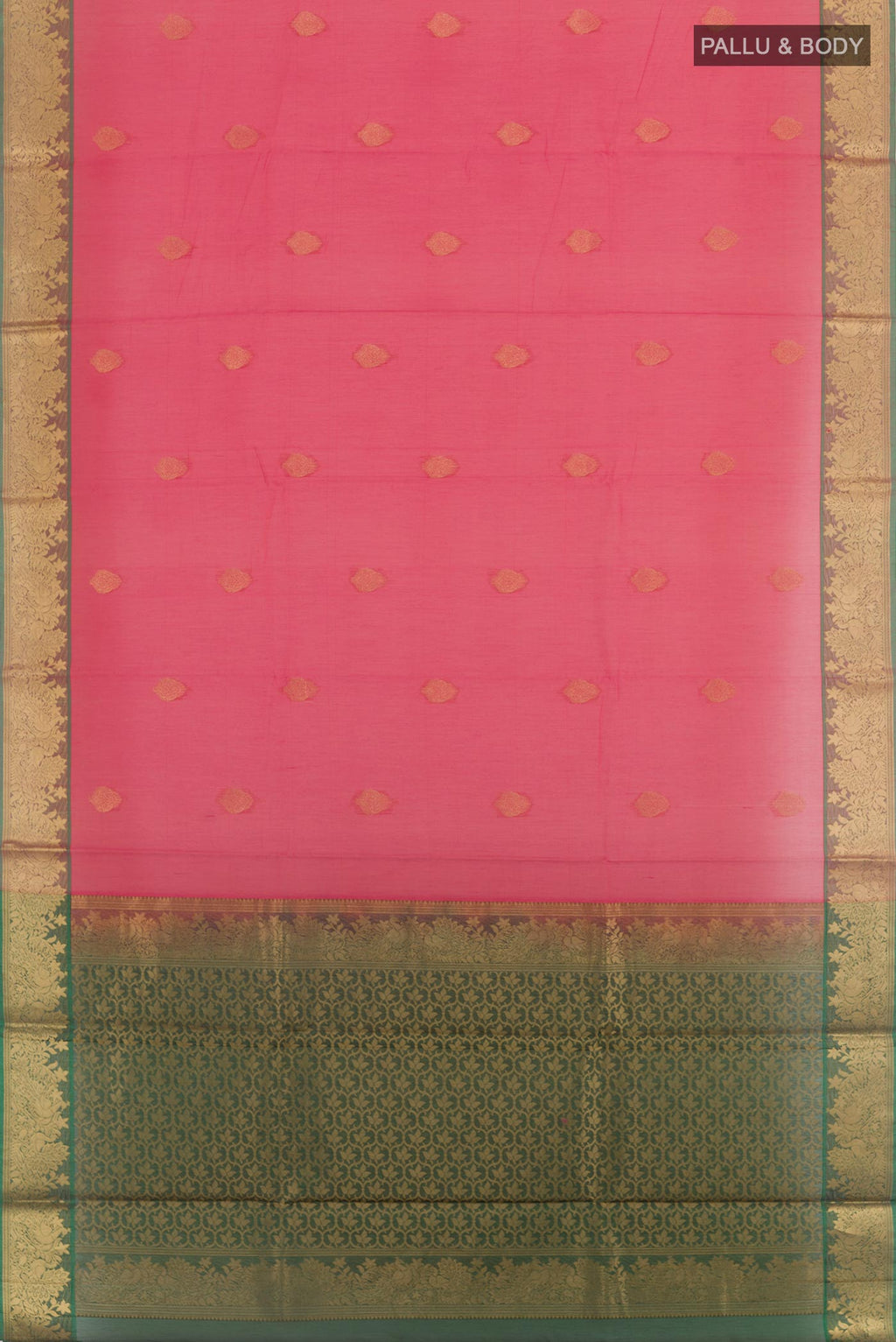 Flat view of Pink Silk Cotton Saree with Zari Butta on the body and Zari Border. 