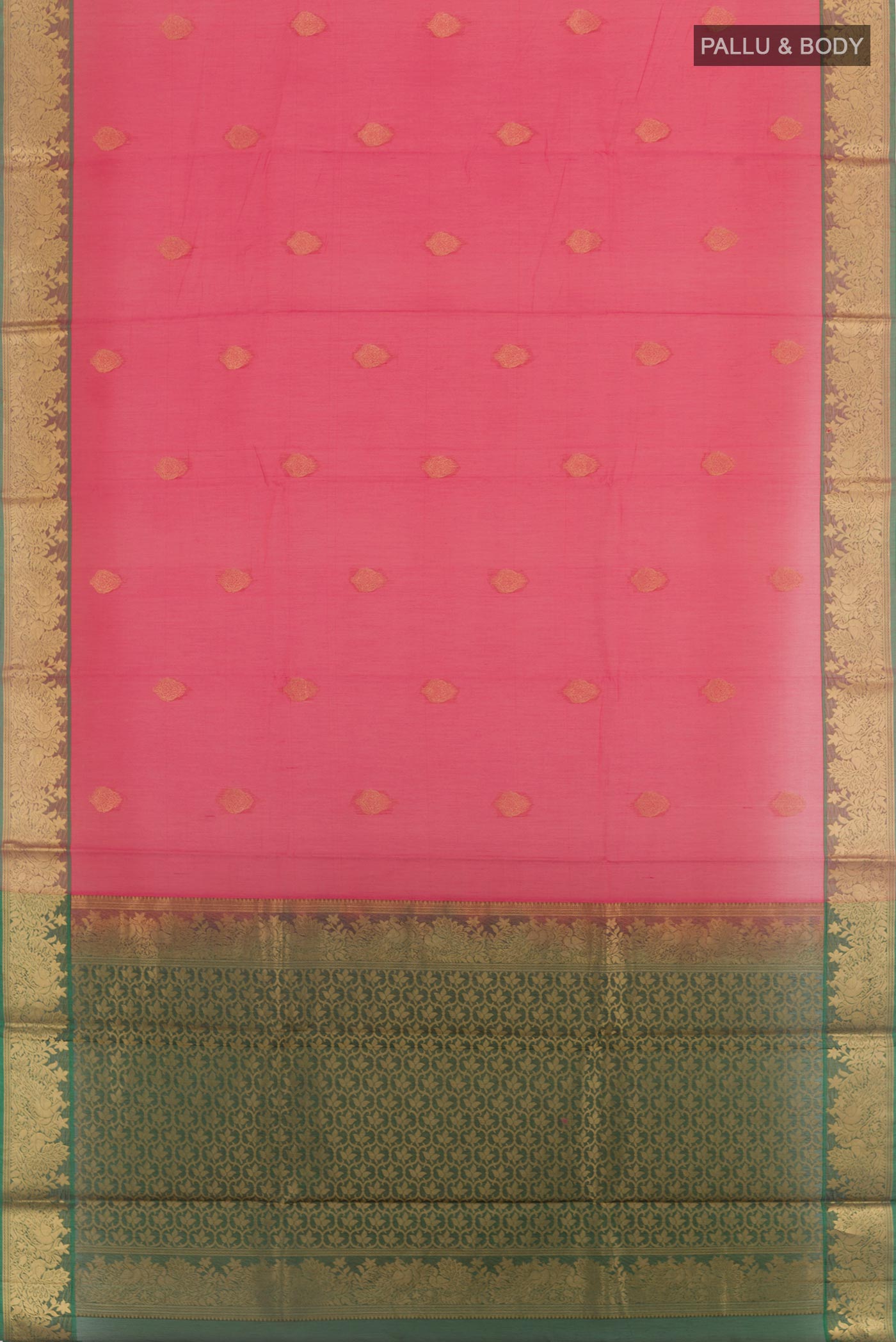 Flat view of Pink Silk Cotton Saree with Zari Butta on the body and Zari Border. 