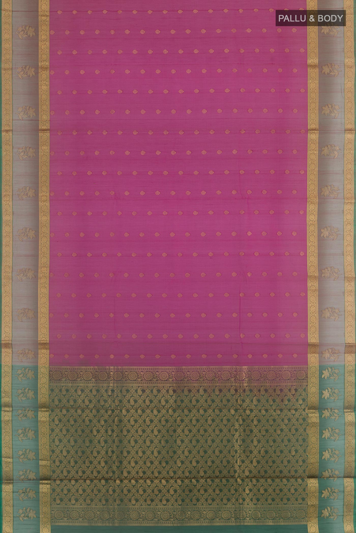 Flat view of Magenta Silk Cotton Saree with Zari Butta on the body and Zari Border. 