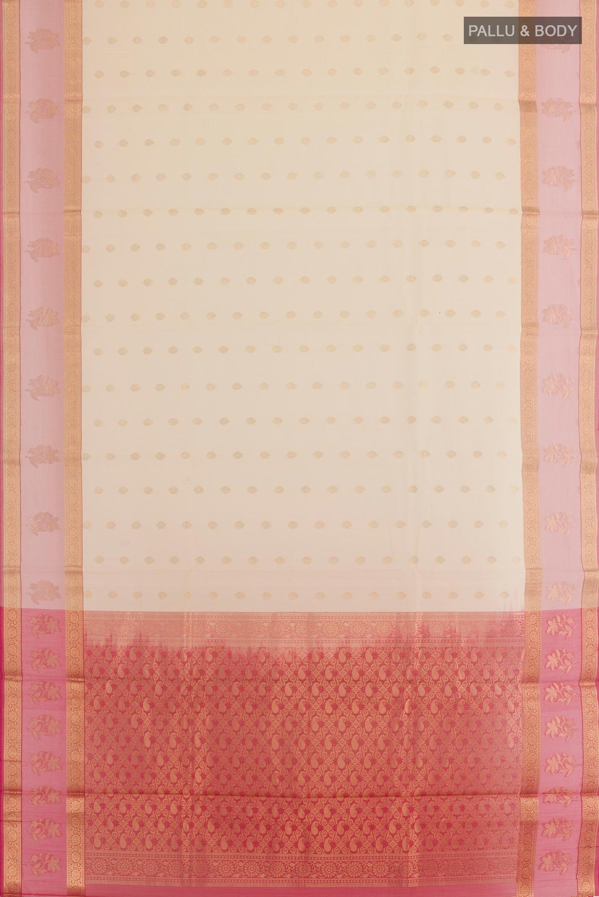 Flat view of Cream Silk Cotton Saree with Zari Butta on the body and Zari Border. 
