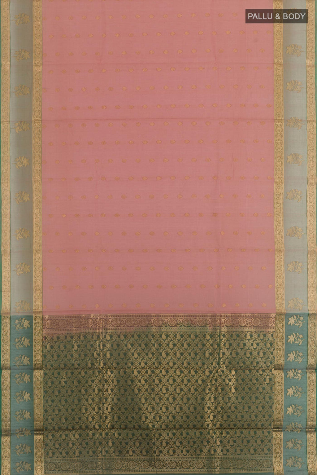 Flat view of Peach Silk Cotton Saree with Zari Butta on the body and Zari Border. 
