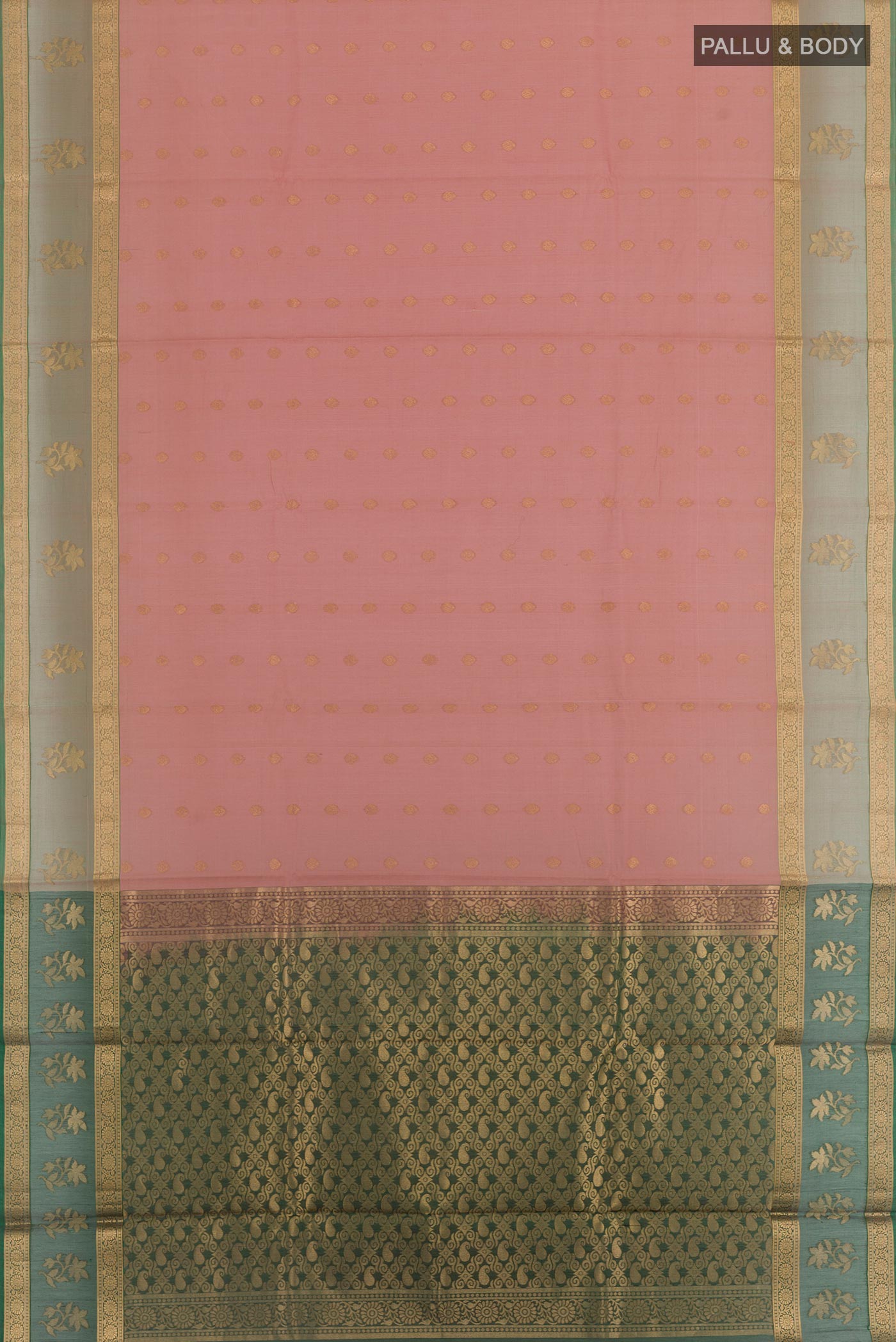 Flat view of Peach Silk Cotton Saree with Zari Butta on the body and Zari Border. 