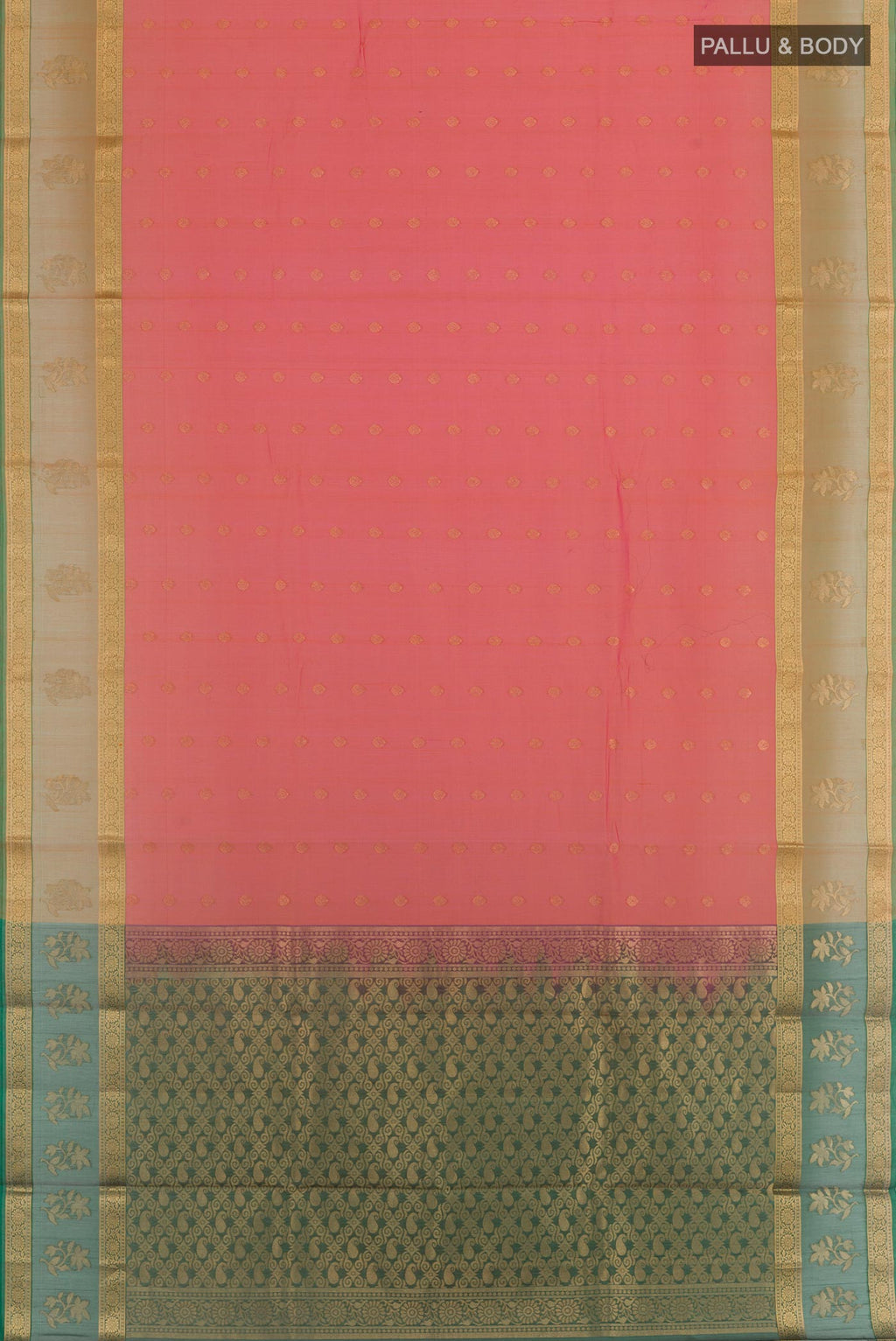 Flat view of Coral Silk Cotton Saree with Zari Butta on the body and Zari Border. 