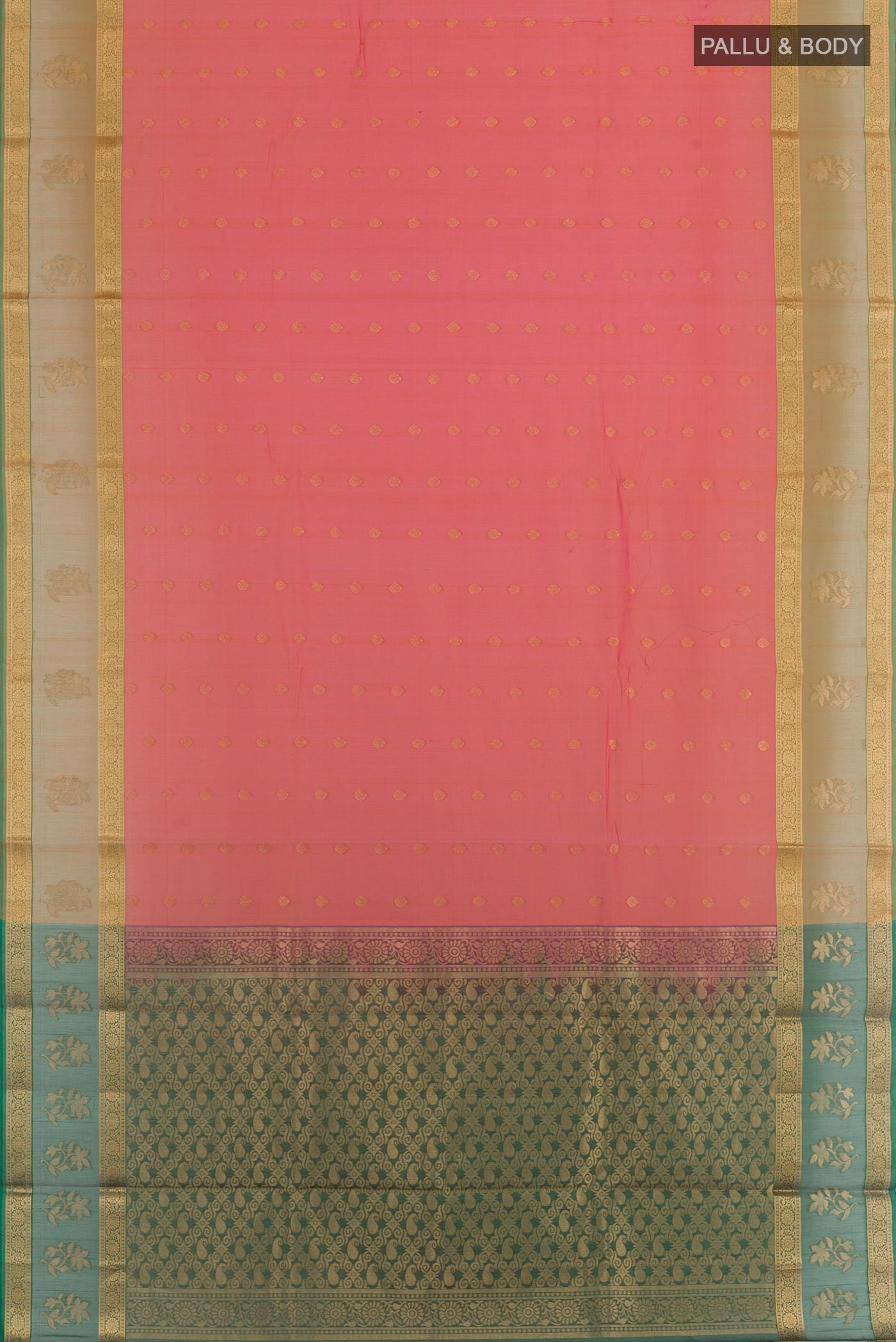 Flat view of Coral Silk Cotton Saree with Zari Butta on the body and Zari Border. 