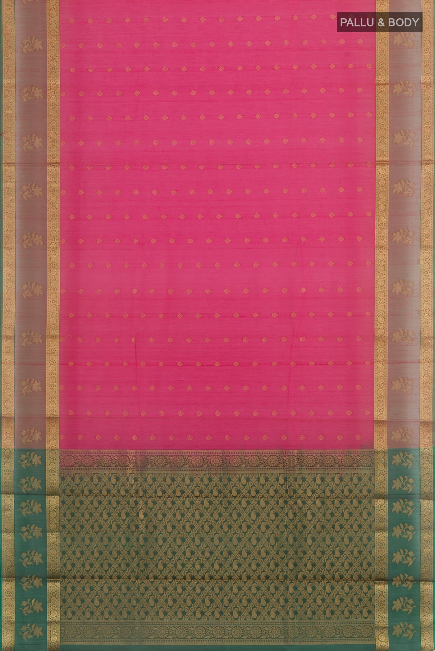 Flat view of Pink Blended Kora Cotton Saree with Zari Butta on the body and Zari Border. 