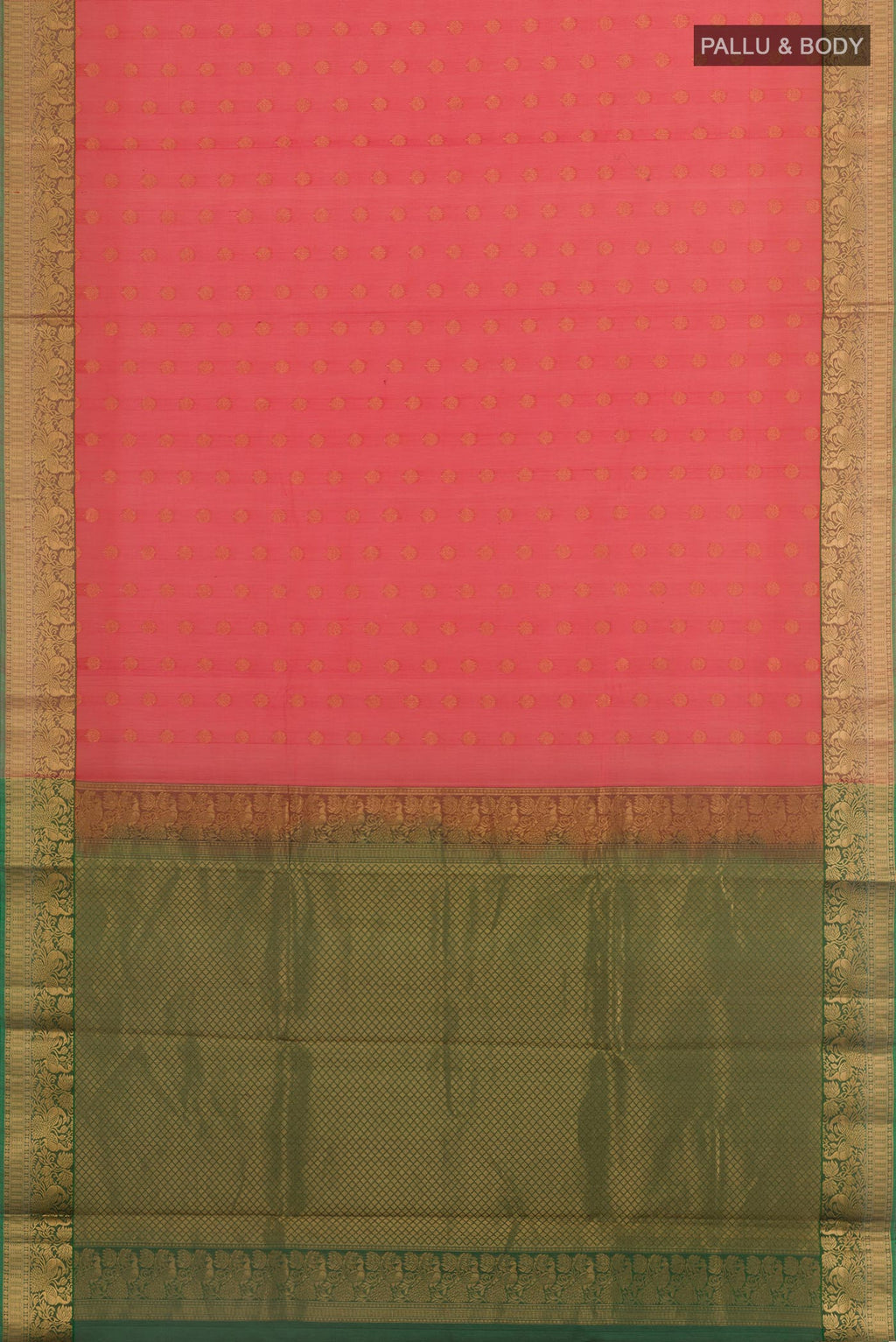 Flat view of Pink Blended Kora Cotton Saree with Zari Butta on the body and Zari Border. 
