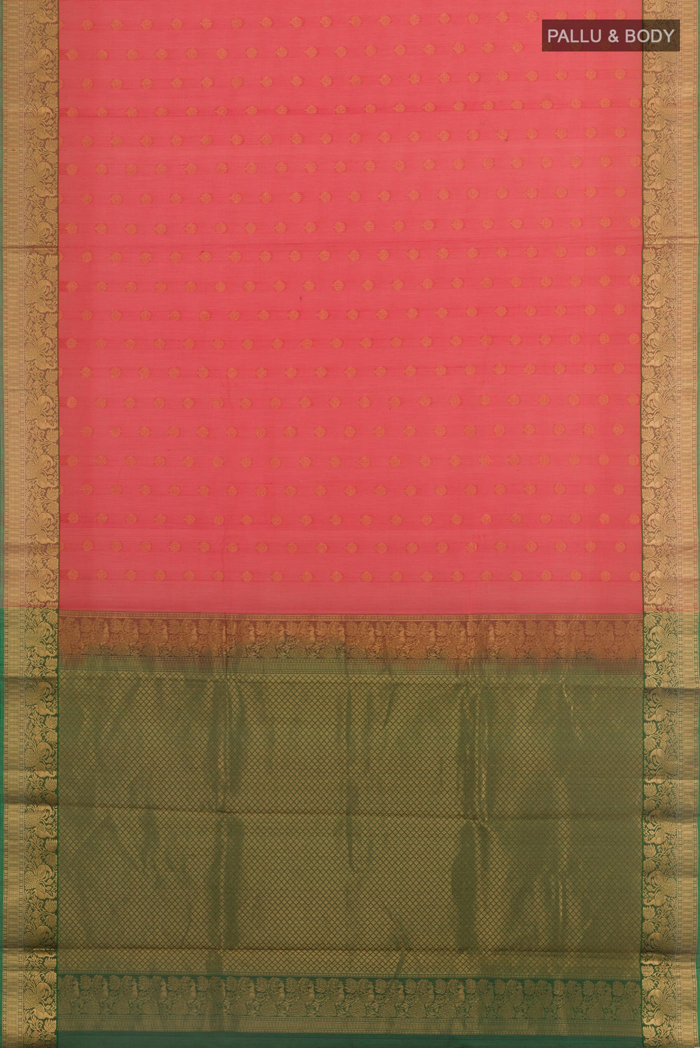 Flat view of Pink Blended Kora Cotton Saree with Zari Butta on the body and Zari Border. 