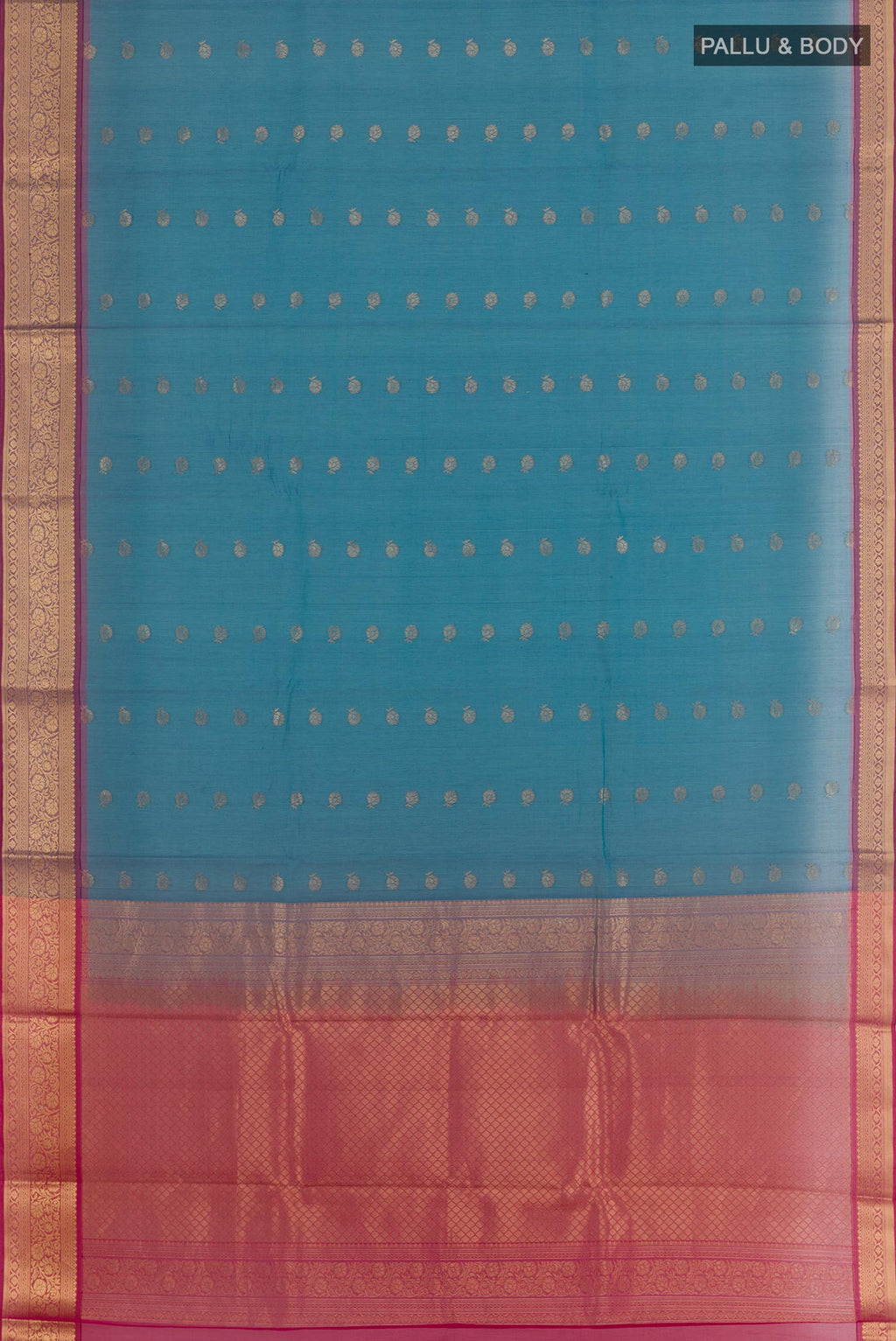 Flat view of Blue Silk Cotton Saree with Zari Butta on the body and Zari Border. 