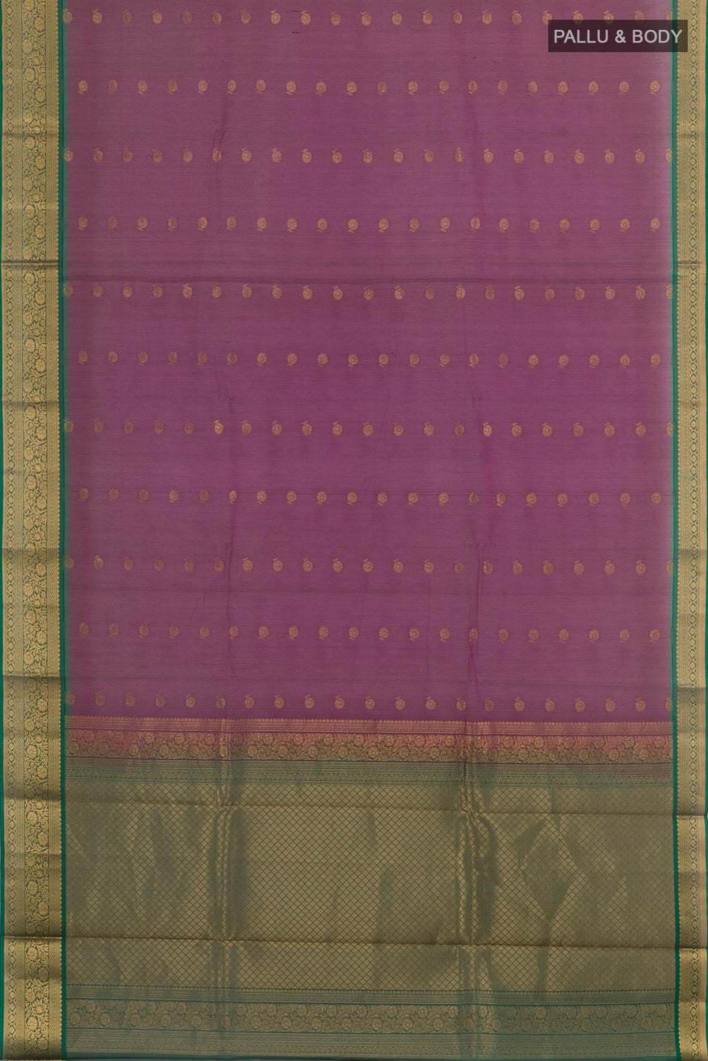 Flat view of Purple Blended Kora Cotton Saree with Zari Butta on the body and Zari Border. 