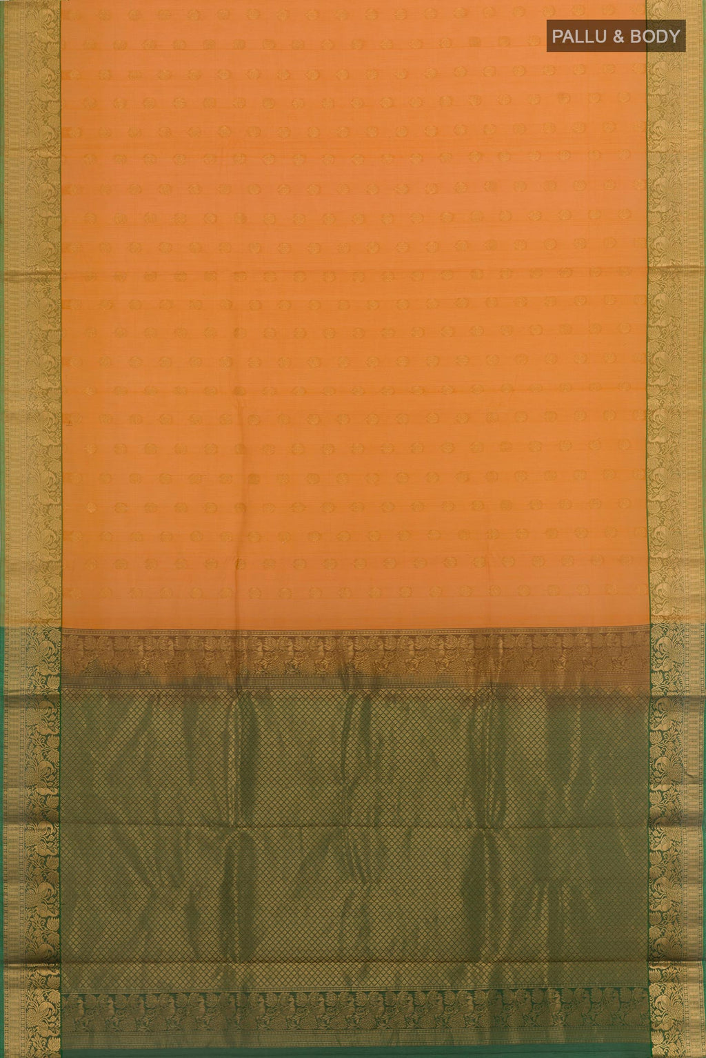 Flat view of Orange Blended Kora Cotton Saree with Zari Butta on the body and Zari Border. 