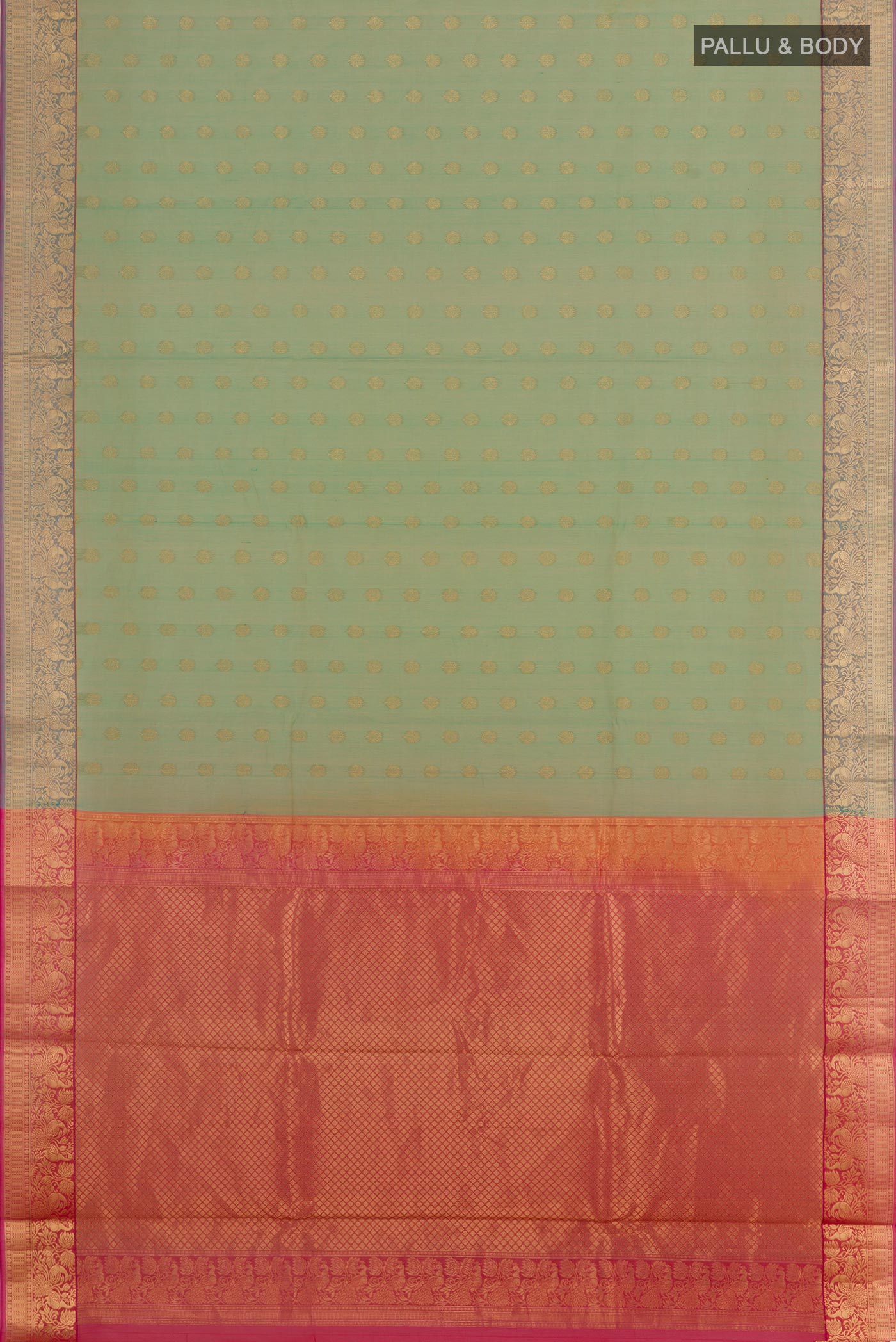 Flat view of Light Green Blended Kora Cotton Saree with Zari Butta on the body and Zari Border. 