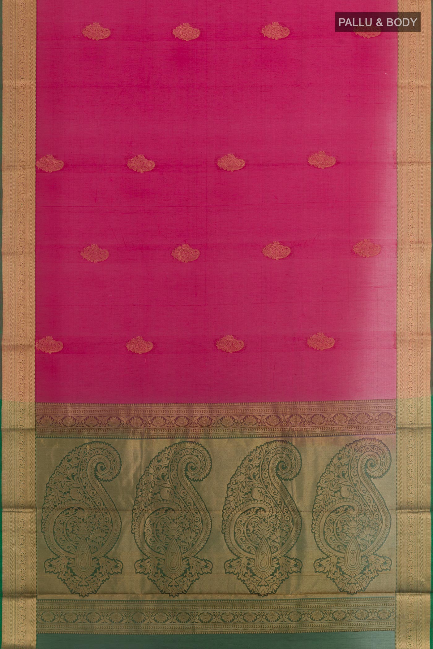 Flat view of Pink Silk Cotton Saree with Zari Butta on the body and Zari Border. 
