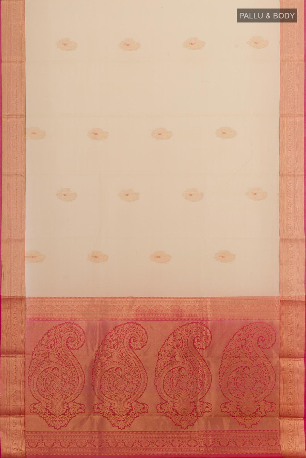 Flat view of Beige Blended Kora Cotton Saree with Zari Butta on the body and Zari Border. 
