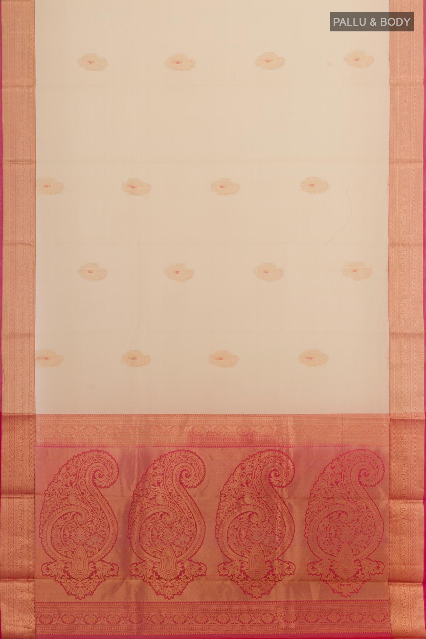 Flat view of Beige Blended Kora Cotton Saree with Zari Butta on the body and Zari Border. 