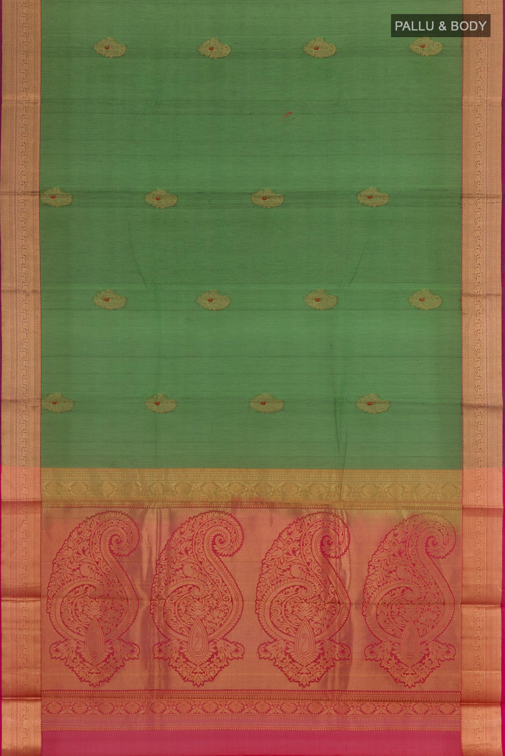 Flat view of Green Blended Kora Cotton Saree with Zari Butta on the body and Zari Border. 